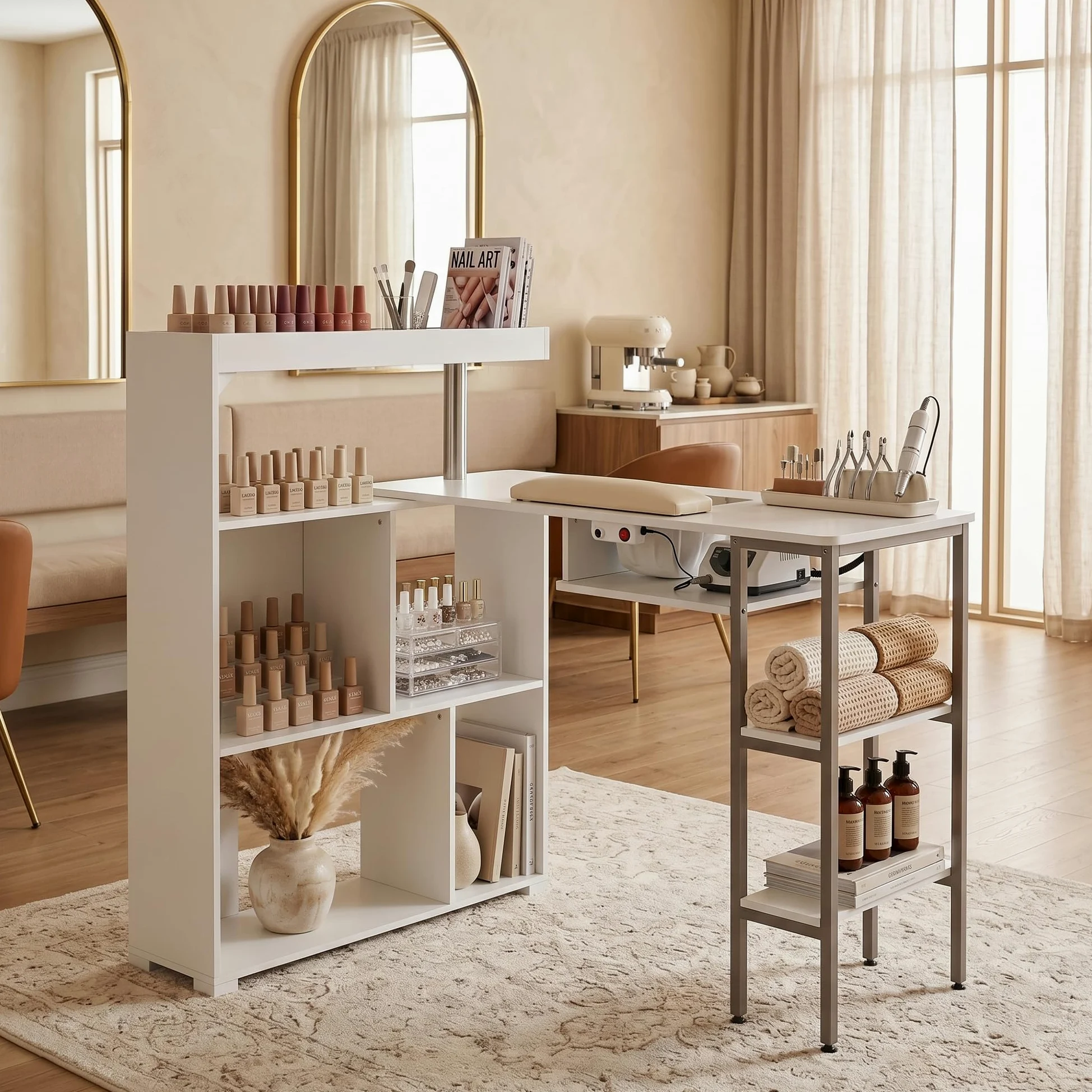 Caldion Mesa de cuidado de uñas con aspiradora, 7 estantes, mesa de manicura, con gran espacio de almacenamiento, mesa de trabajo de salón, mesa de cuidado de uñas, mesa de uñas con aspiradora, 110 x