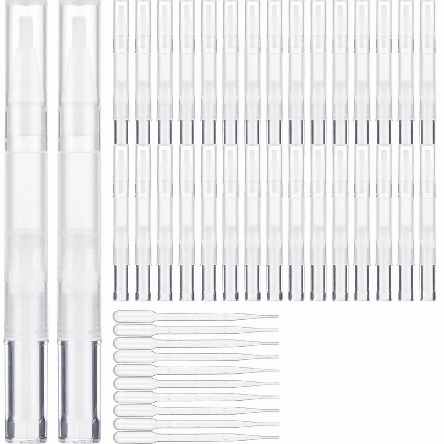 Paquete de 50 bolígrafos vacíos de aceite para cutículas de 3 ml con 10 cuentagotas, bolígrafos giratorios transparentes, punta de pincel, recipientes para brillo de uñas y labios