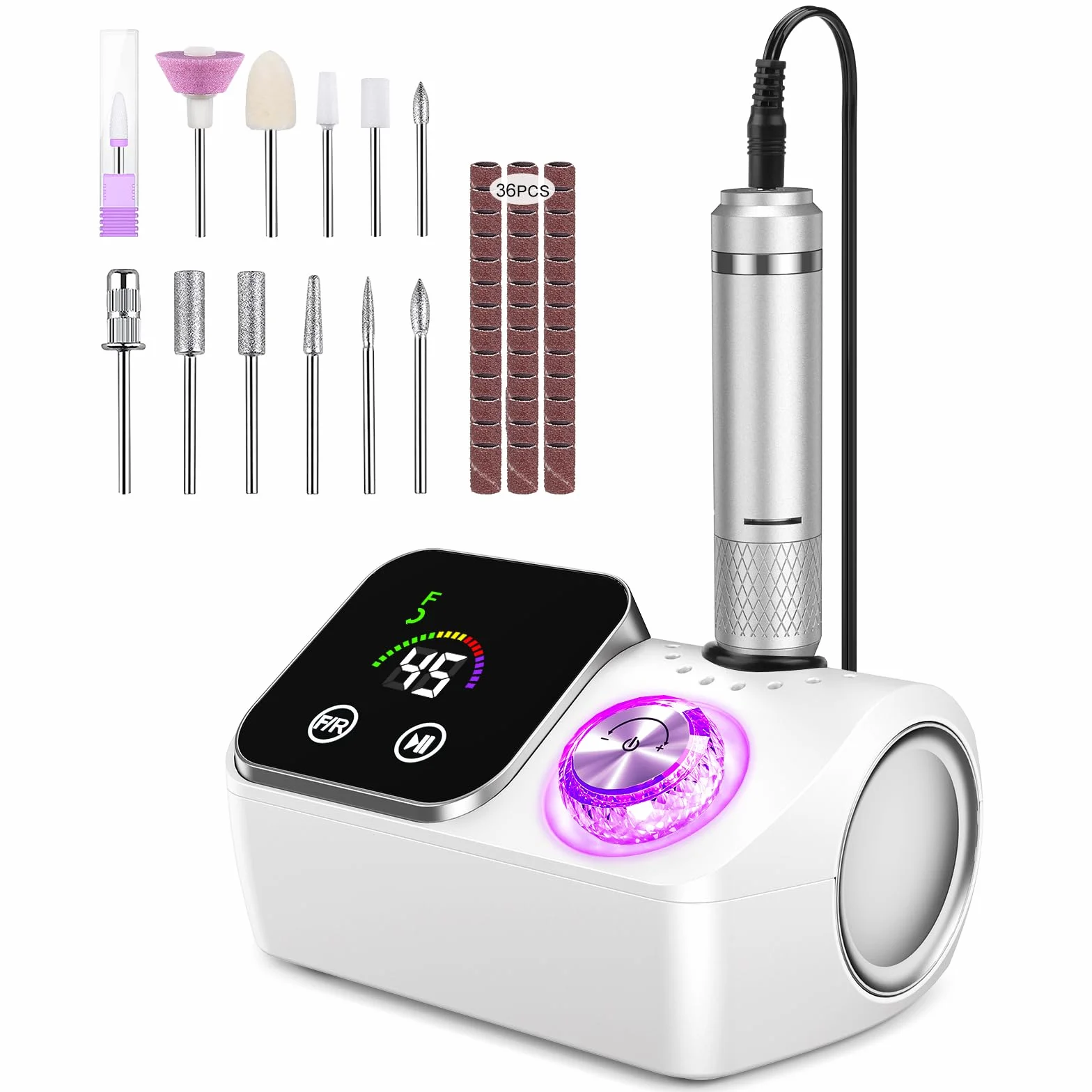 Torno para Uñas,Torno para Uñas Profesional 45000 RPM,con 12 Cabezales de Pulido, Pantalla táctil LCD,Perilla de cristal,Lima portátil para uñas acrílicas y de gel (Blanco)