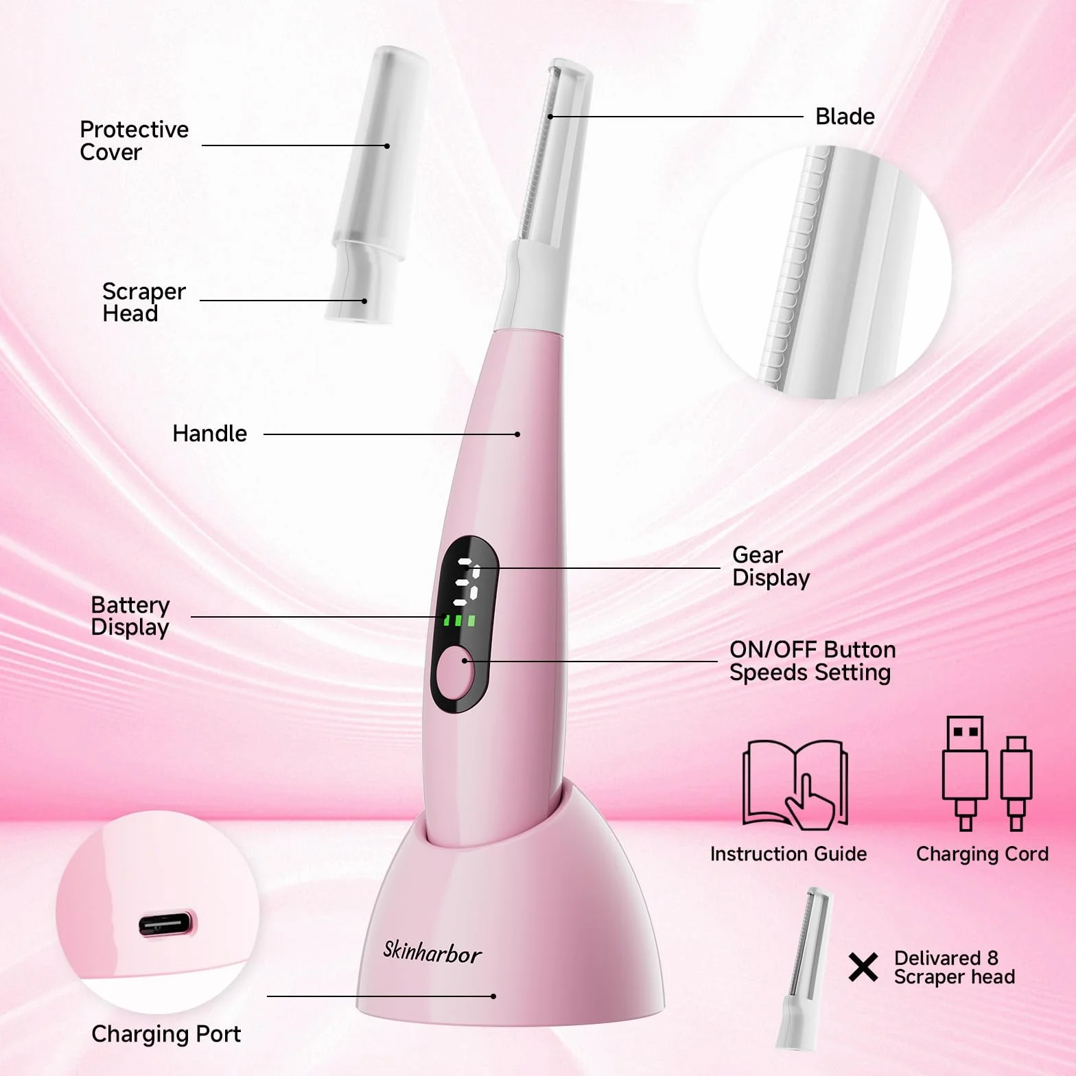 Sonic Dermaplane - Maquinilla de afeitar para mujer, exfoliación facial y sistema de eliminación de vello de melocotón, antienvejecimiento, 3 velocidades, 8 cuchillas de dermaplaning