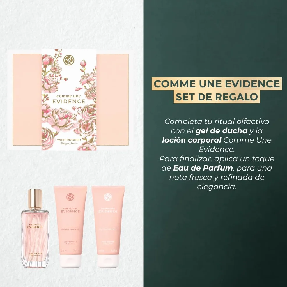 Yves Rocher COMME UNE EVIDENCE Set de Regalo Mujer Eau de Parfum 50 ml Gel Ducha 75 ml Leche Corporal 75 ml Edición Limitada