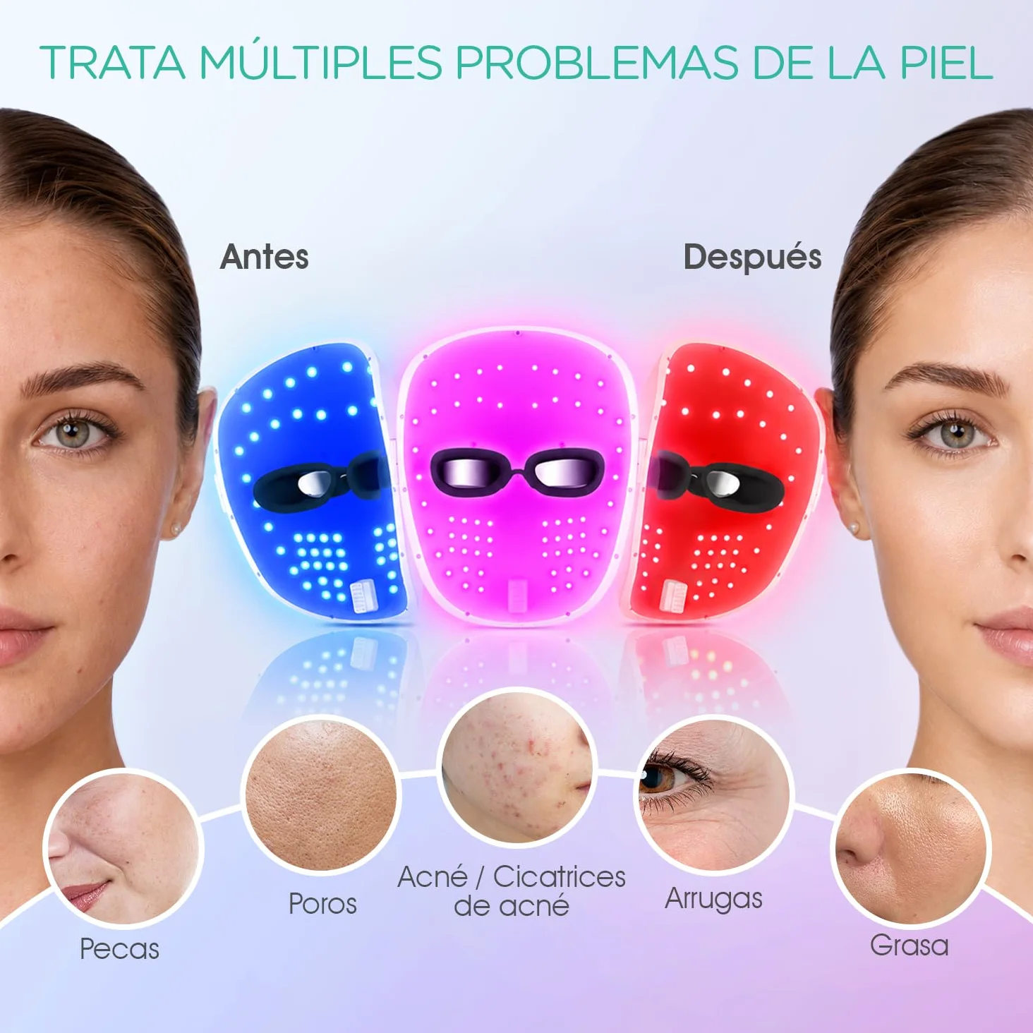 VOYOR Mascarilla LED, Máscara Facial de Terapia con Luz Roja/Azul/Violeta | Tratamiento con Temporizador, Soporte Cómodo, Inalámbrica, Fácil de Usar, Antienvejecimiento & Mejor Aspecto de Piel, BM100