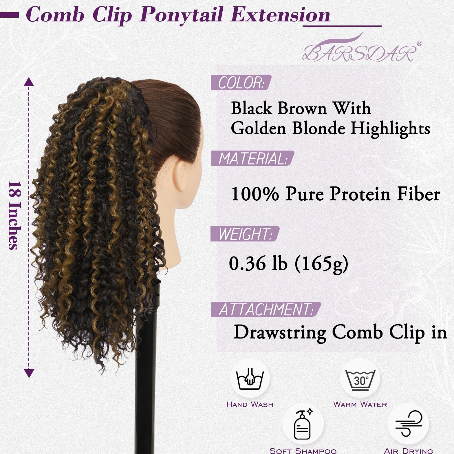 BARSDAR Rizado Cola de Caballo Extensiones 45cm Pure Protein Fibra Clip in Ponytail Negro Marrón