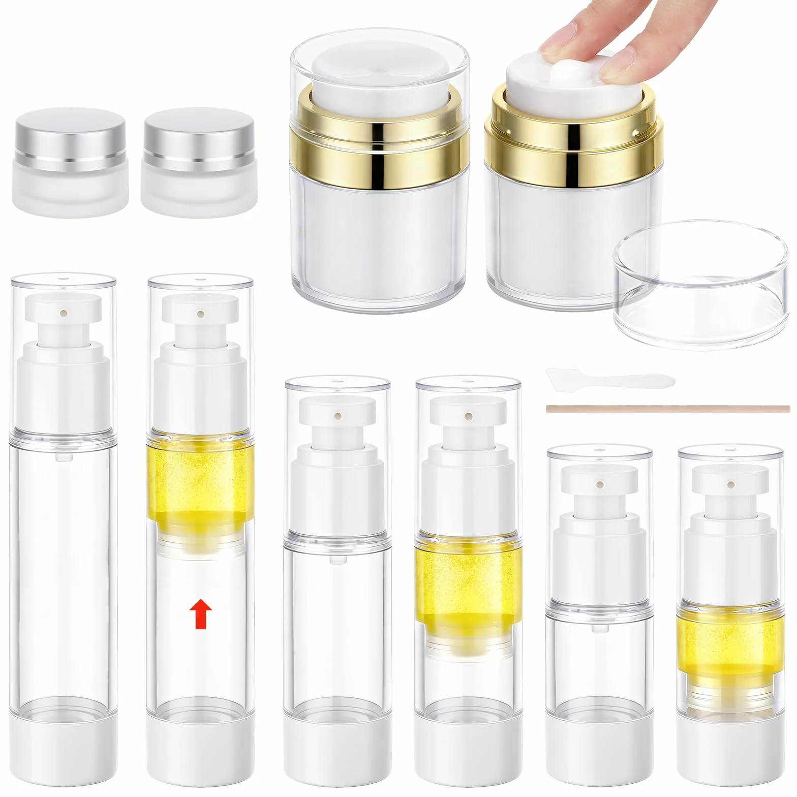 Segbeauty Dispensador de Crema Facial, 2 Piezas 30g Tarro de Crema Airless, 6 Piezas Botellas de Loción al Vacío in 15ml 30ml 50ml, y 2 Piezas 5g Tarros Cosméticos para Viaje