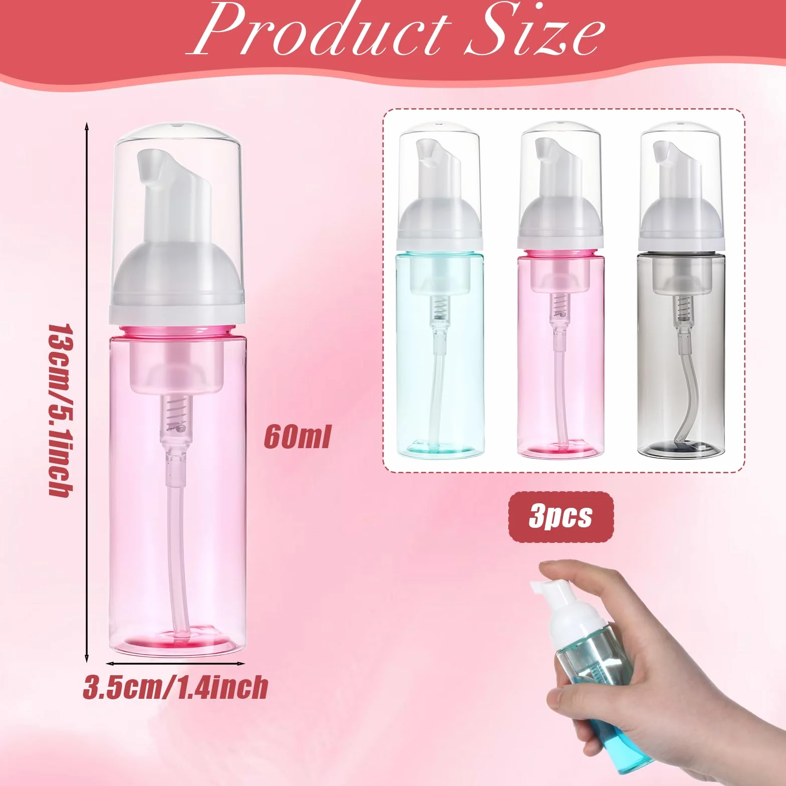 3 botellas con bomba de espuma, 60 ml, recipientes vacíos transparentes de espuma de viaje, dispensador de jabón de espuma recargable, botella de espuma de plástico de tamaño pequeño para jabón