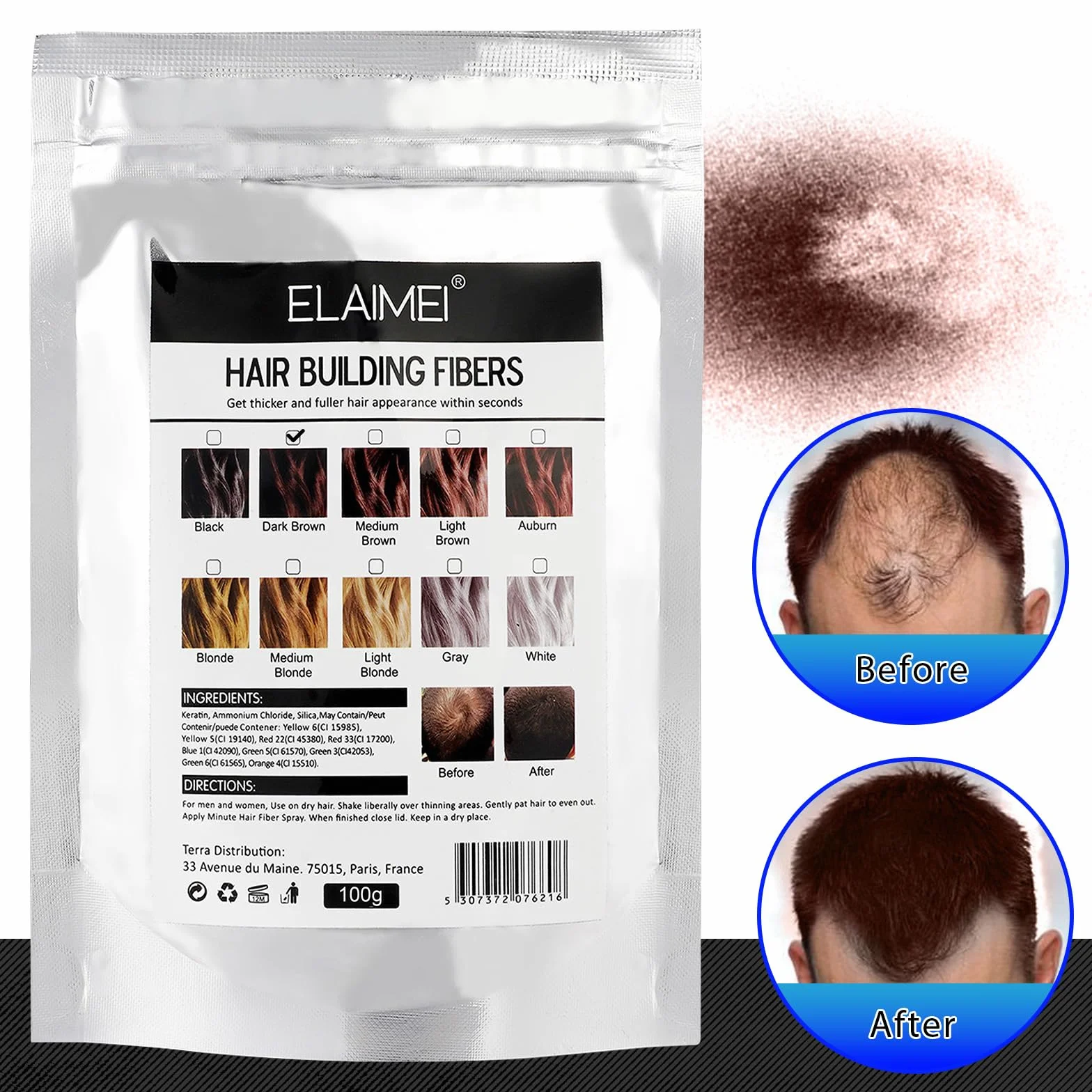 Fibra para el cabello de queratina, polvo capilar especial hombres y mujeres, Marrón oscuro 100G