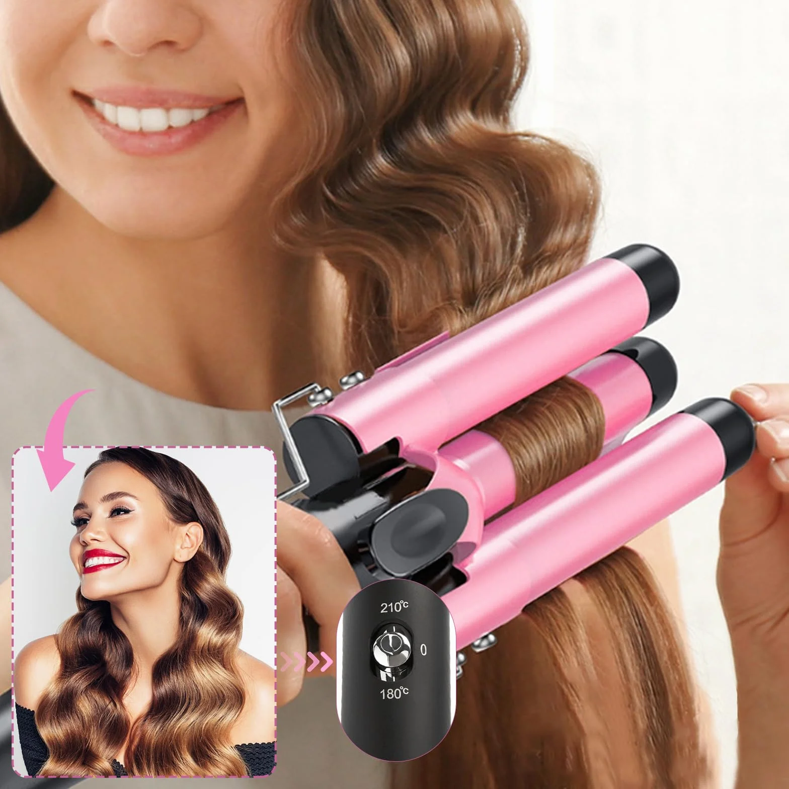 Rizador de Pelo 3 Tubos 22mm Ajustable 180℃/210℃ Turmalina Cerámica con 2 Clips Guante Rosa