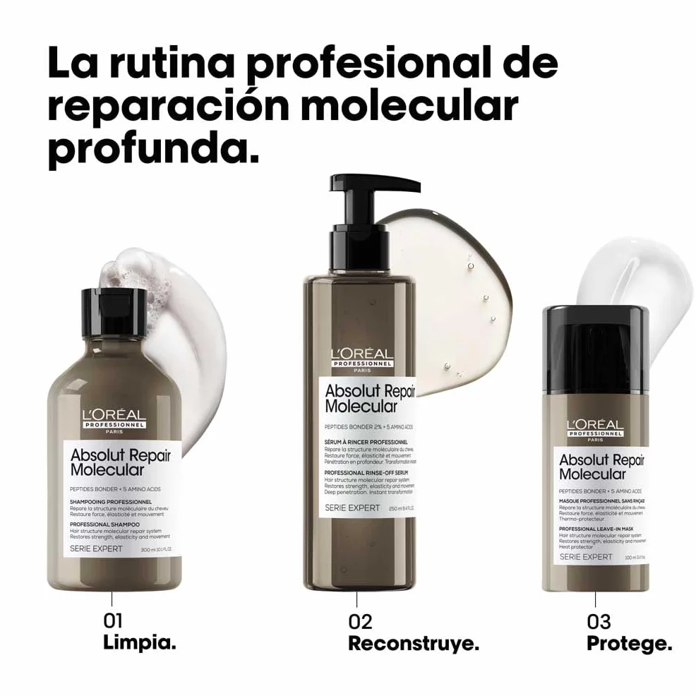 L’Oréal Professionnel, Tratamiento Molecular Instantáneo, Sérum Pelo Seco y Dañado con Aclarado, Sin Sulfatos, Repara Daños y Fortalece el Cabello, Fórmula Patentada, Absolut Repair Molecular, 250ml