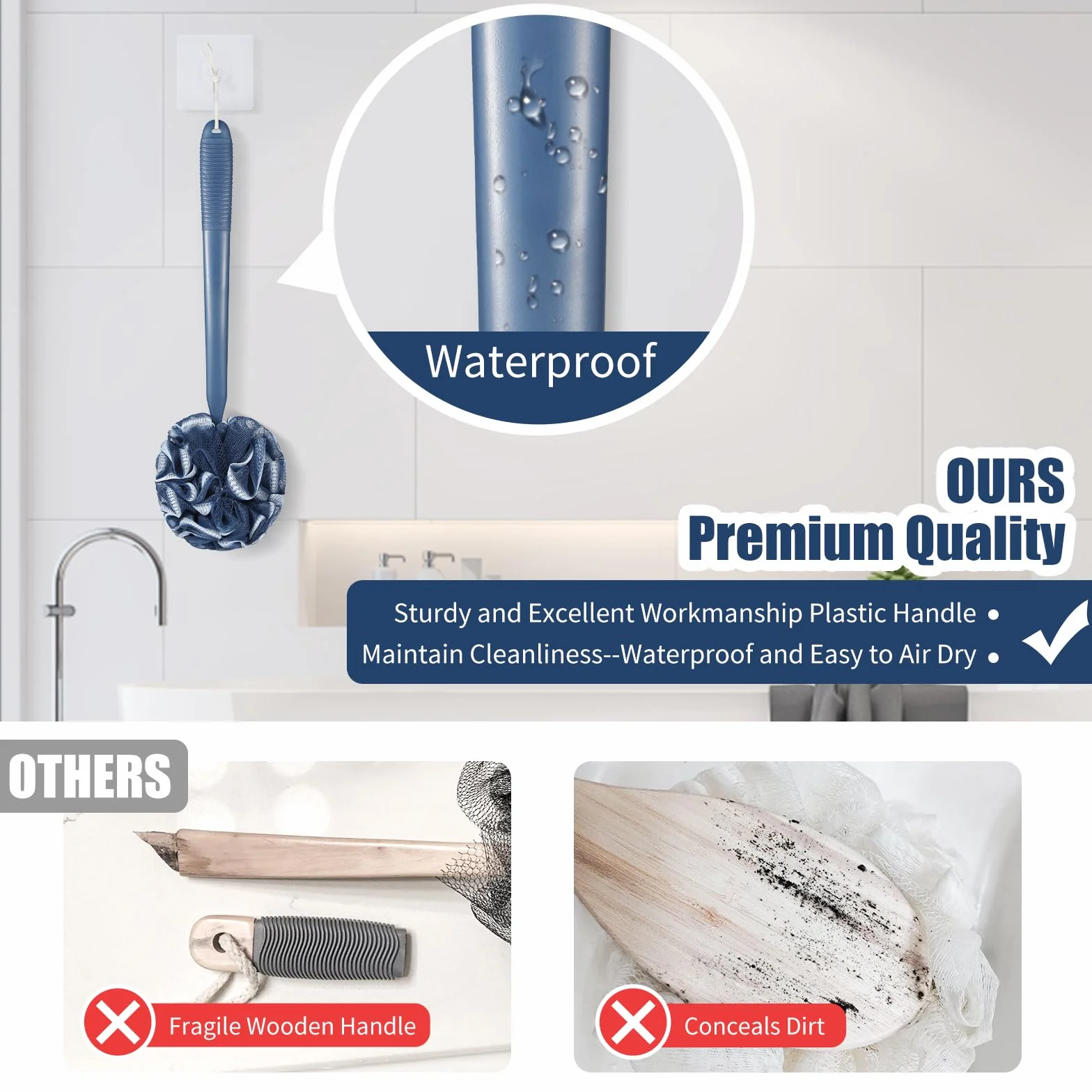 VANZAVANZU Juego de Esponjas de Lufa Exfoliante 43 cm Mango Antideslizante de Plástico Esponja Esponjosa de Malla Suave PE para Ducha Azul oscuro