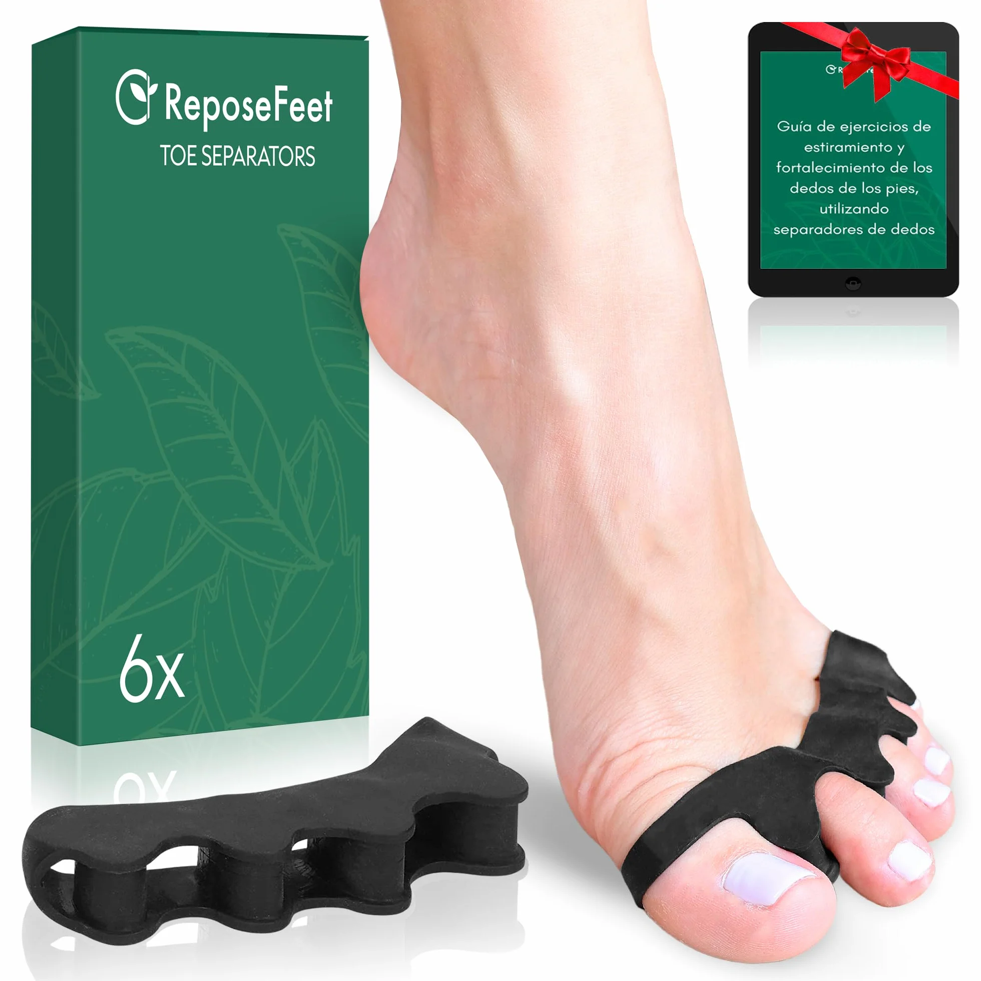 ReposeFeet Separador Dedos Pie Silicona - 3 Pares Protector Dedos Almohadillas para Pies (Negro)