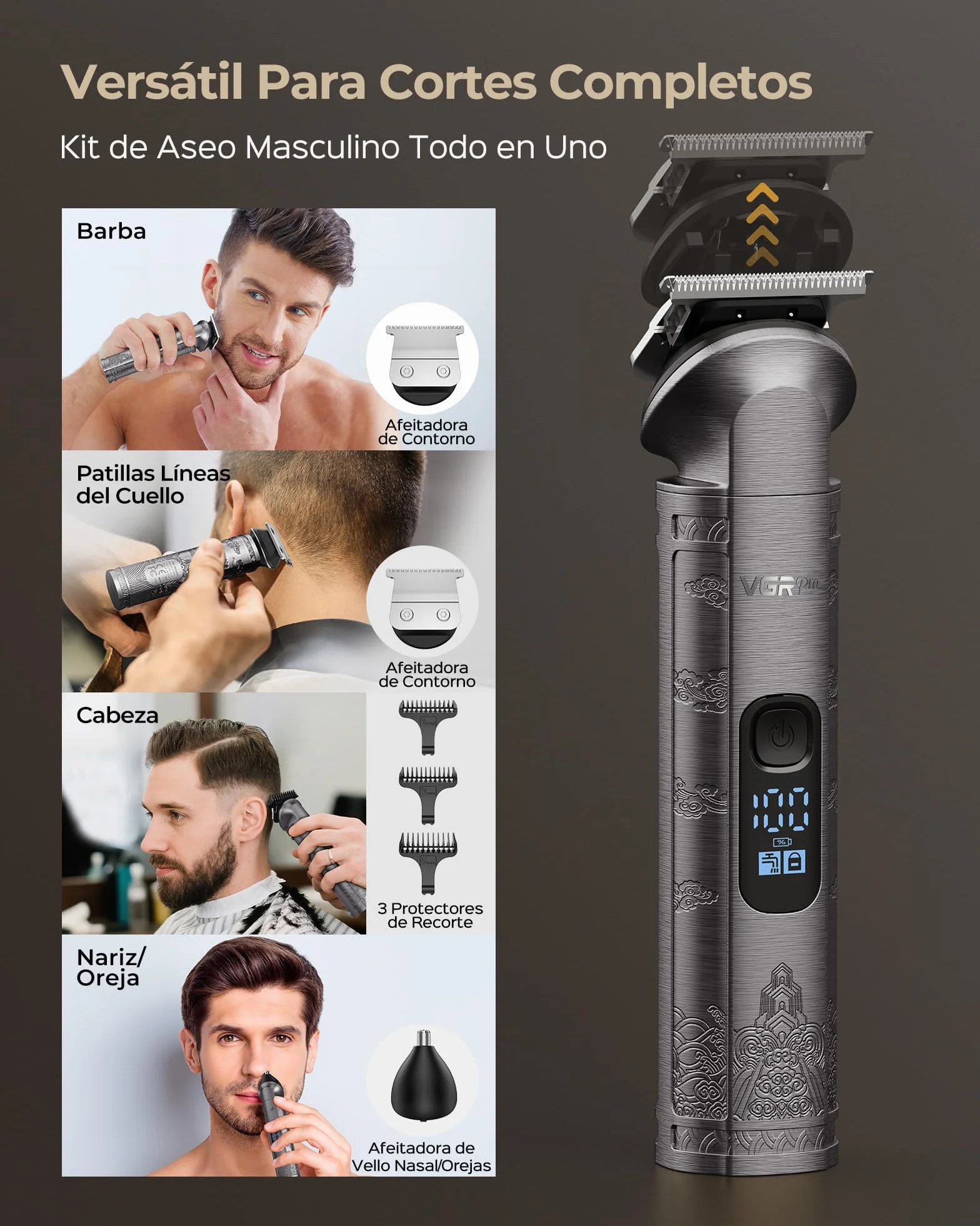 VGRPRO Maquina de Cortar Pelo Hombre Trimmer Afeitadora Electrica para Barba Sin Cable 4 Velocidades Pantalla LED Bateria Gris