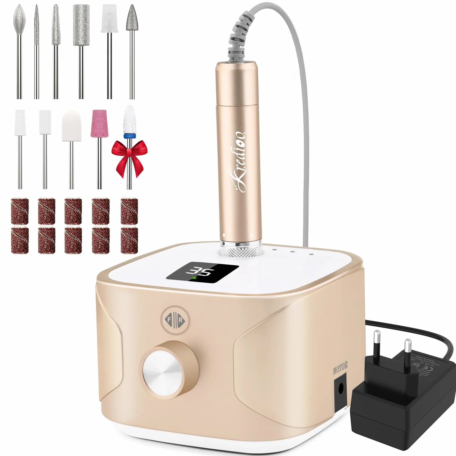 Kredioo Torno para Uñas Profesional 35000 RPM, Pulidor Uñas, Lima Electrica, Nail Drill, Set Manicura y Pedicura Electrico, Kit 11 Fresas Brocas, LED Tátil, Quitar Acrílico Gel/Esmalte/Callos, Oro