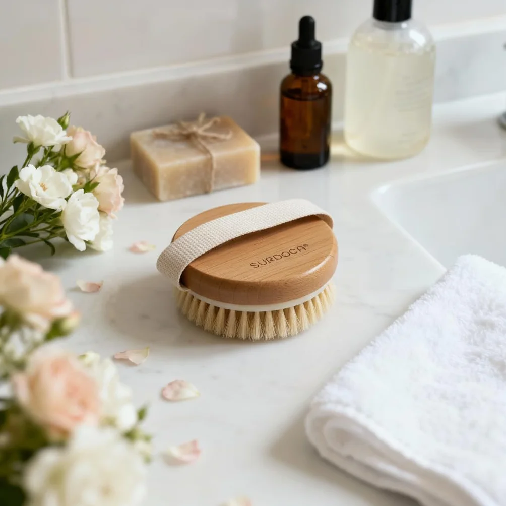 SURDOCA Cepillo Exfoliante Corporal para Cepillado en Seco y Ducha, Depurador de Espalda, Exfoliante Suave y Masaje con Cerdas de jabalí