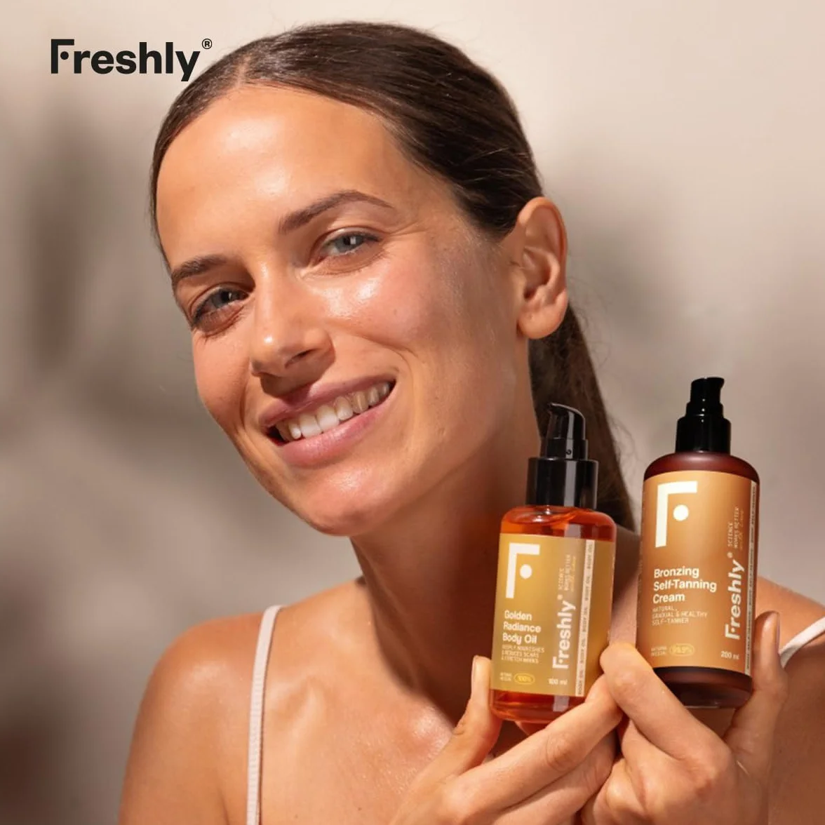 Freshly Cosmetics | Golden Bronze Body Pack | Autobronceador Corporal y Aceite Nutritivo | Pack Aceite + Crema 100ml + 200ml | Bronceado Natural Progresivo para Piel Luminosa