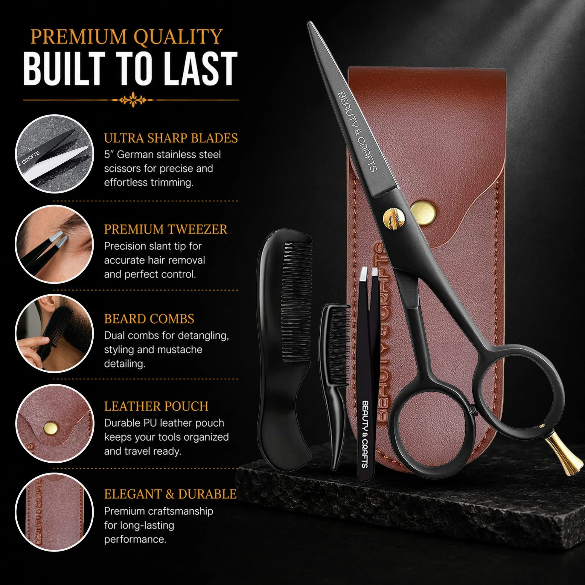 Tijeras profesionales alemanas para barba de 5 pulgadas para hombres, 2 peines de bigote para vello facial con hermosa bolsa y pinzas, tijeras de bigote para hombres, para aseo, corte, peinado,