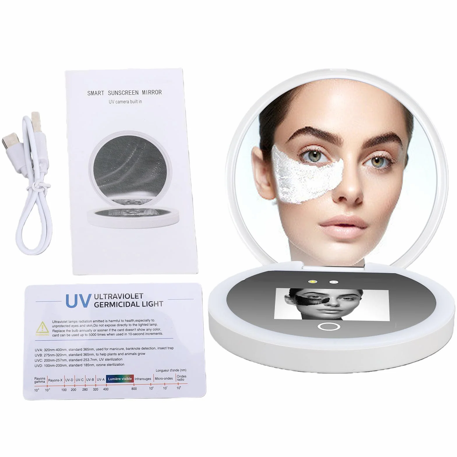 Tosuny Espejo de Cámara UV para Prueba de Protector Solar y Detección de SPF, Espejo de Maquillaje con Aumento 2X y Luz LED
