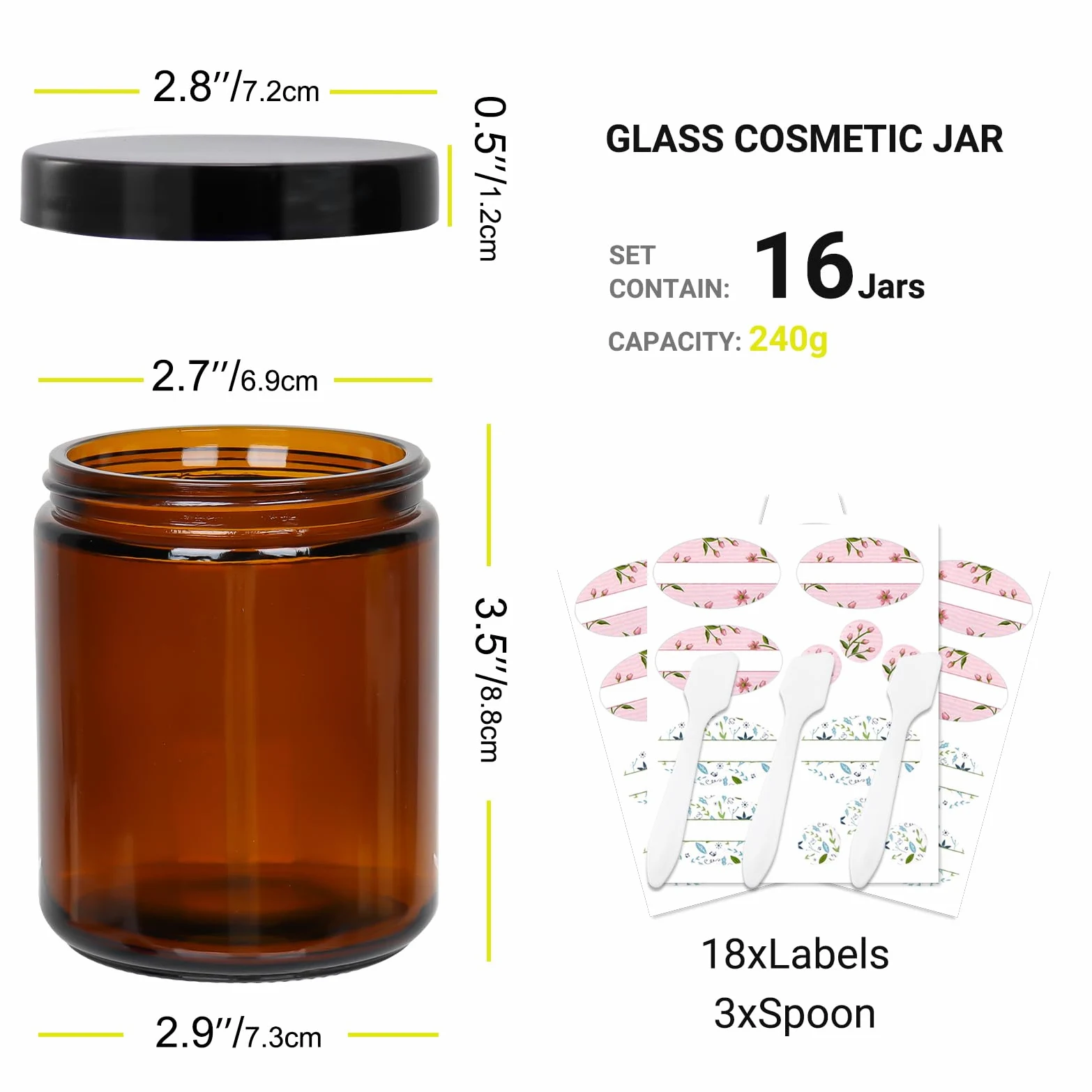 Tarros de vidrio ámbar de 8 onzas, paquete de 16 recipientes vacíos para cosméticos con forro interior y tapas negras, tarros redondos recargables para crema, pomadas, sales de baño, maquillaje, limo