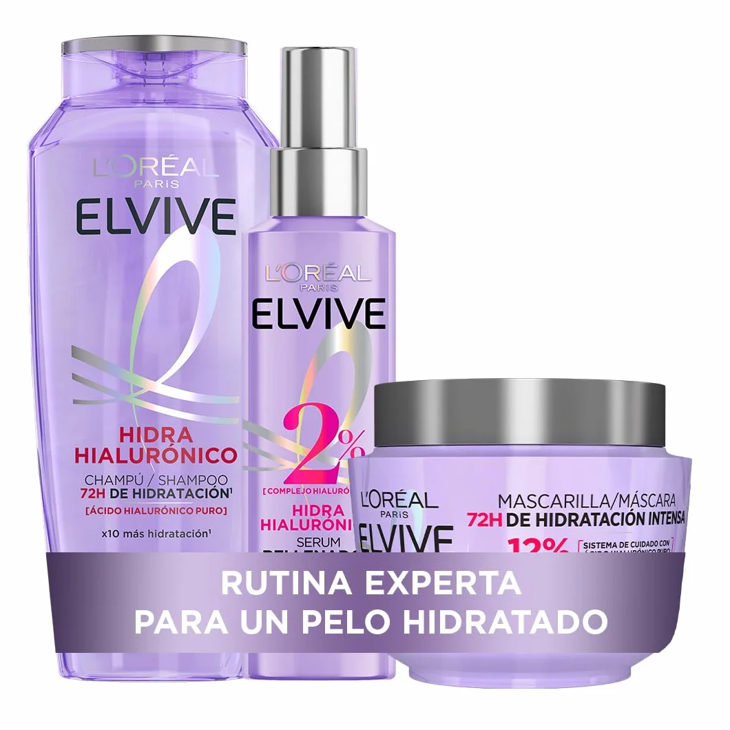 L'Oreal Paris Elvive Hidra Hialurónico Cofre Champú 72h Hidratación Mascarilla y Sérum Rellenador