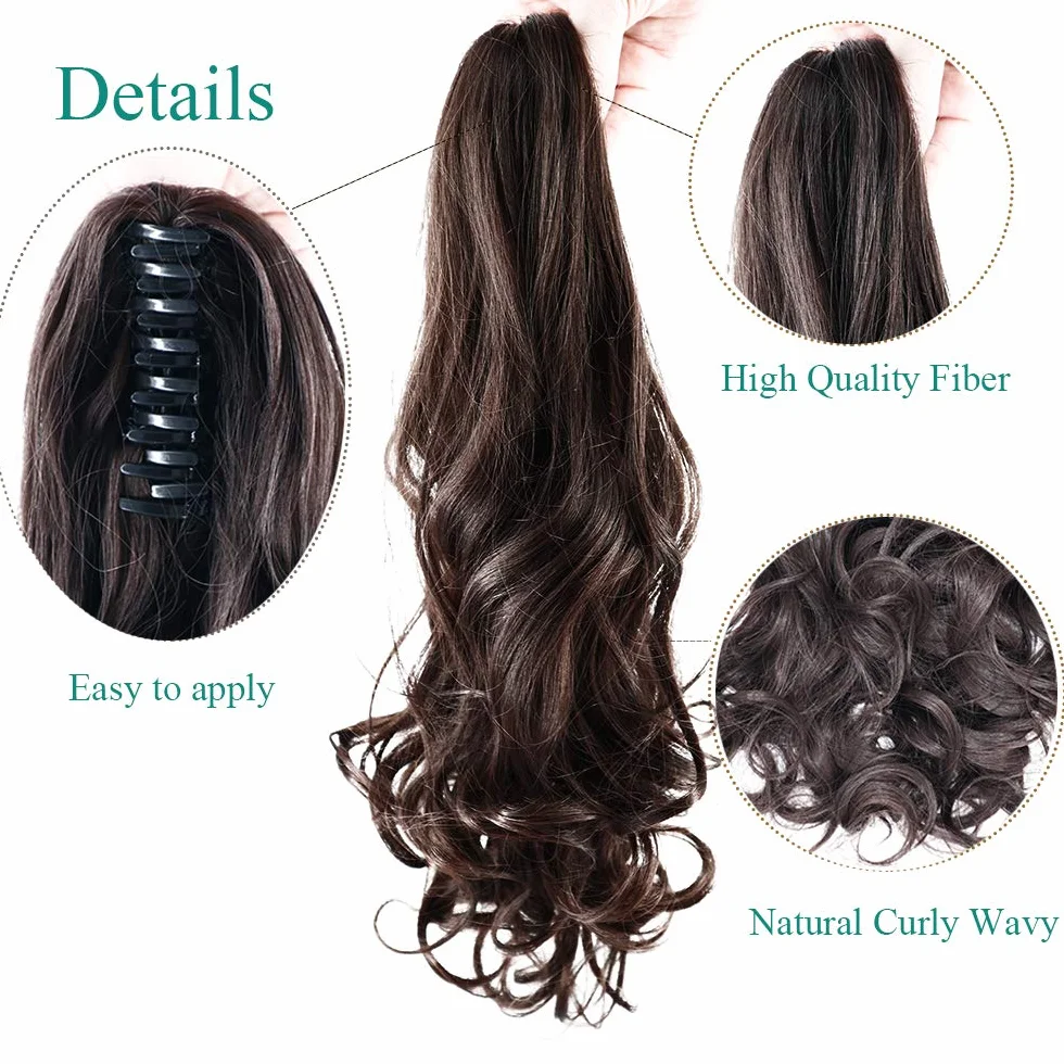 Extensiones de Pelo Rizadas Coleta Postiza Clip in Hair Natural Largo Marrón Medio