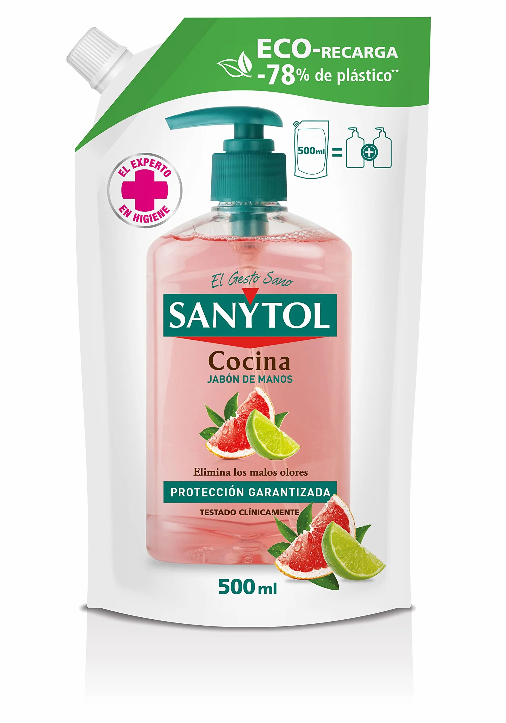 Sanytol Eco Recarga Jabón de Manos de Cocina Aroma Pomelo y Limón 500 ml