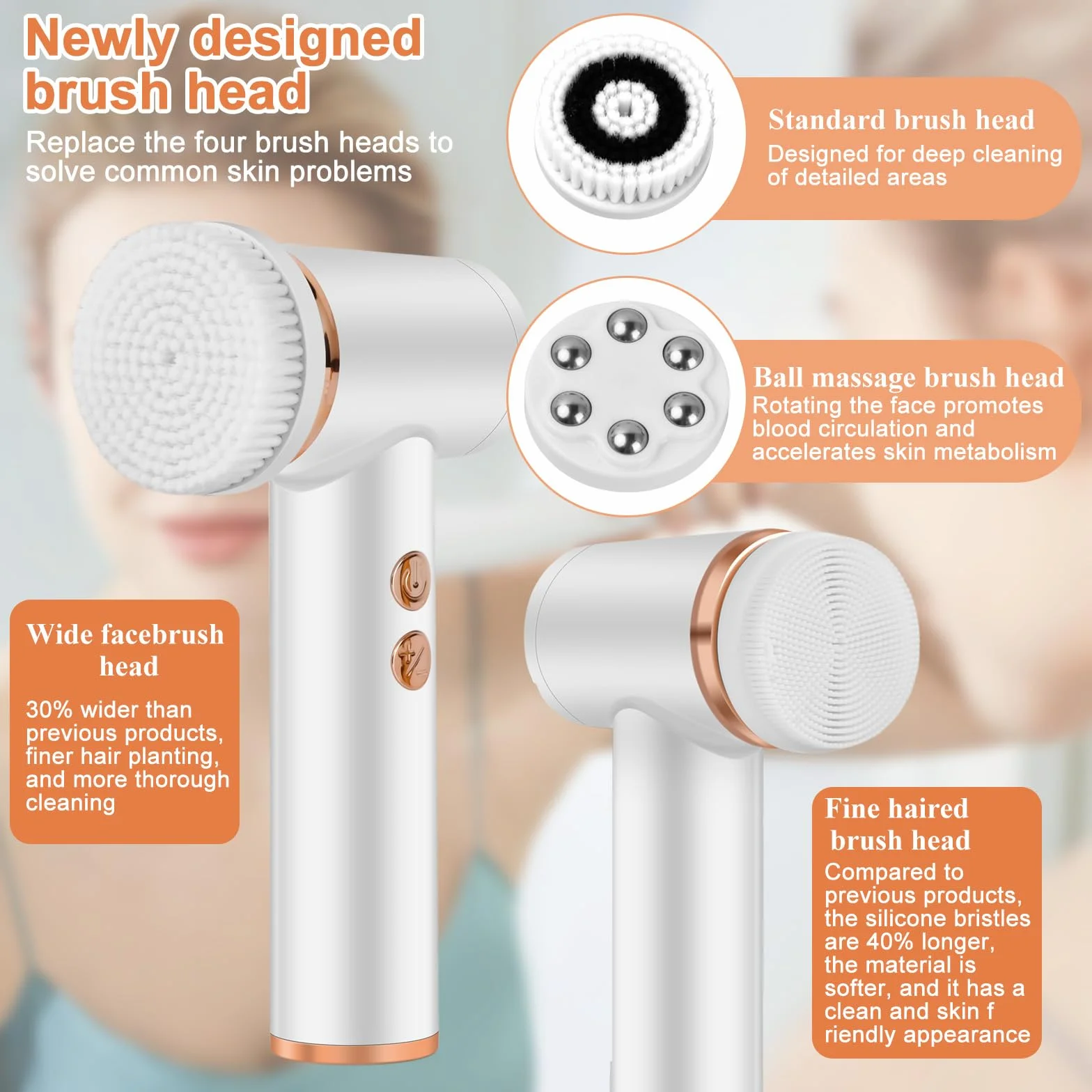 Cepillo limpieza facial eléctrico recargable IPX6 4 cabezales 5 niveles ajuste