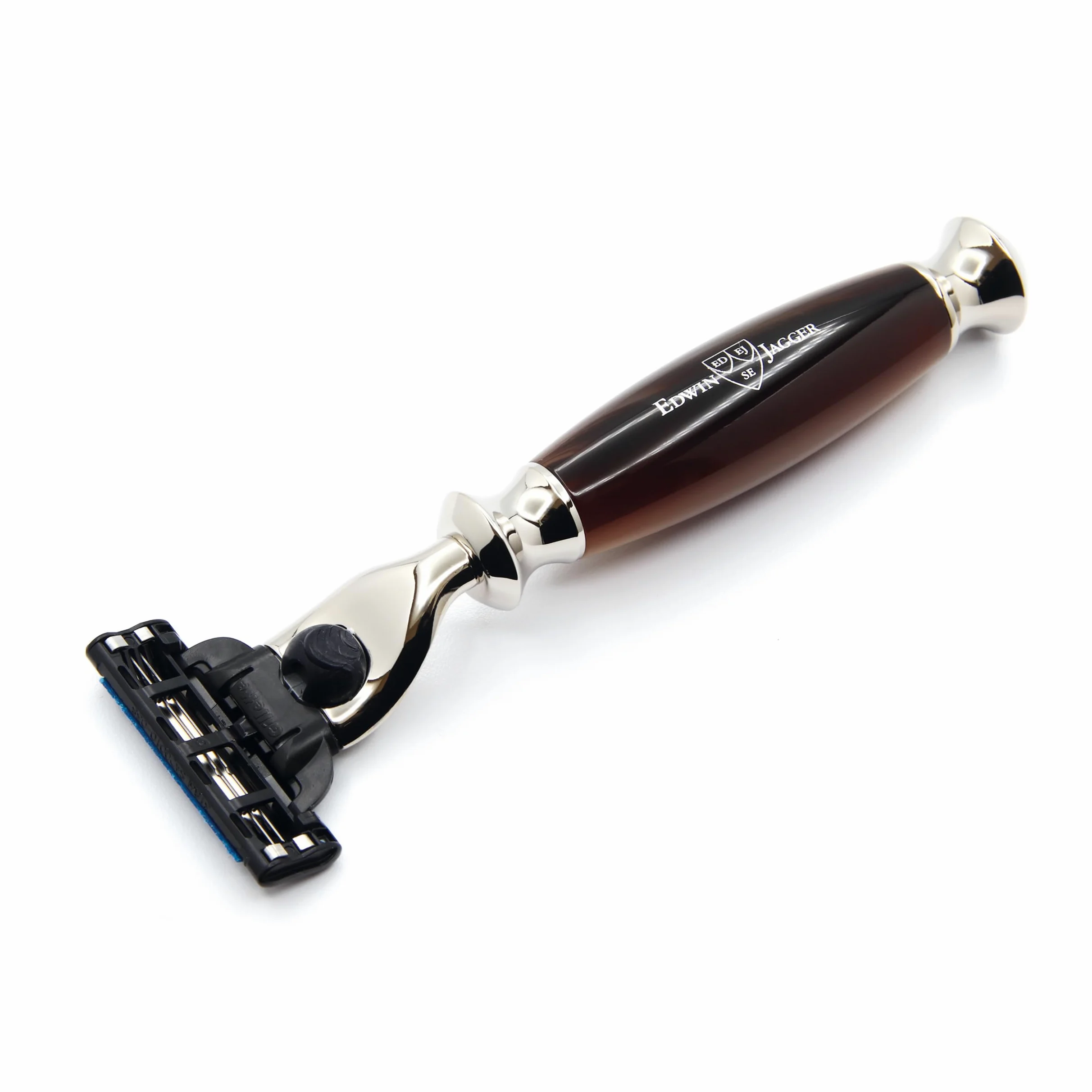 Edwin Jagger R352AMZ Maquinilla De Afeitar Mach 3 Clásica Con Mango Sintético Niquelado, Manual Y Reutilizable, Para Hombres Y Mujeres, Para Crema De Afeitar O Jabón (Imitación Cuerno)