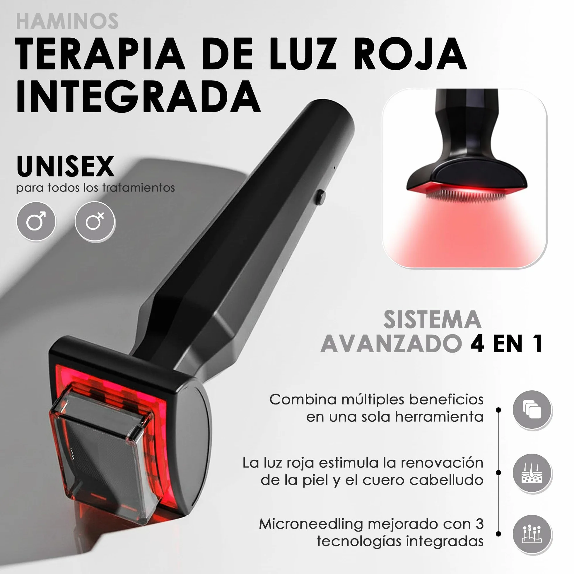 HAMINOS Derma Stamp 0,25 mm Microneedling 4 en 1 para Cuero Cabelludo, Luz Roja, Microcorriente, Vibración, Recargable USB-C
