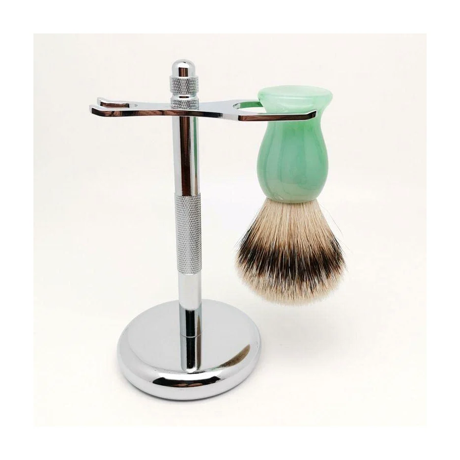 Soporte de maquinilla de afeitar práctico de acero inoxidable para hombre, soporte para cepillo de afeitar de pelo de tejón plateado masculino, juego de afeitado perfecto de moda