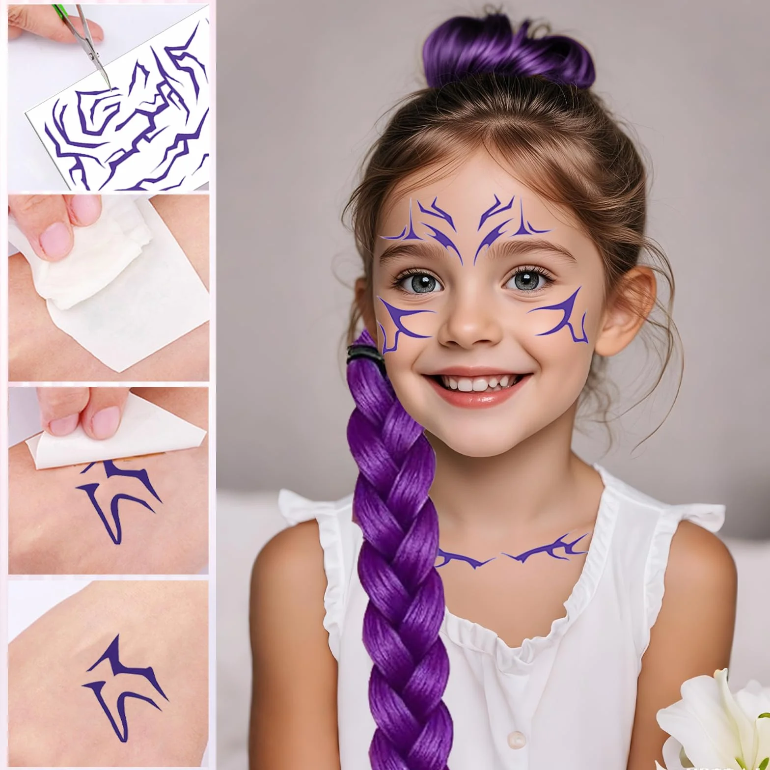 Peluca larga morada cosplay niños juego 10 piezas pulsera trenzada tatuajes carnaval
