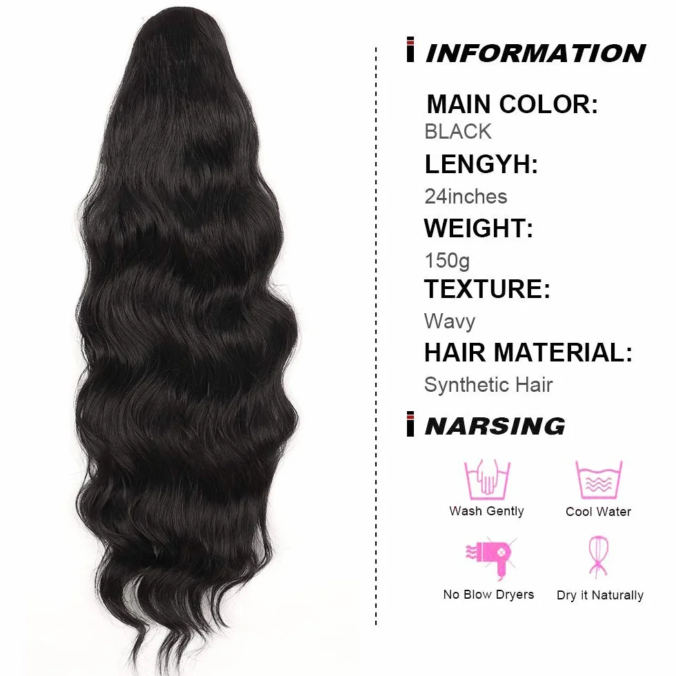 Peluca de cola de caballo ondulada larga para mujeres negras, extensión de cabello sintético con cordón clip