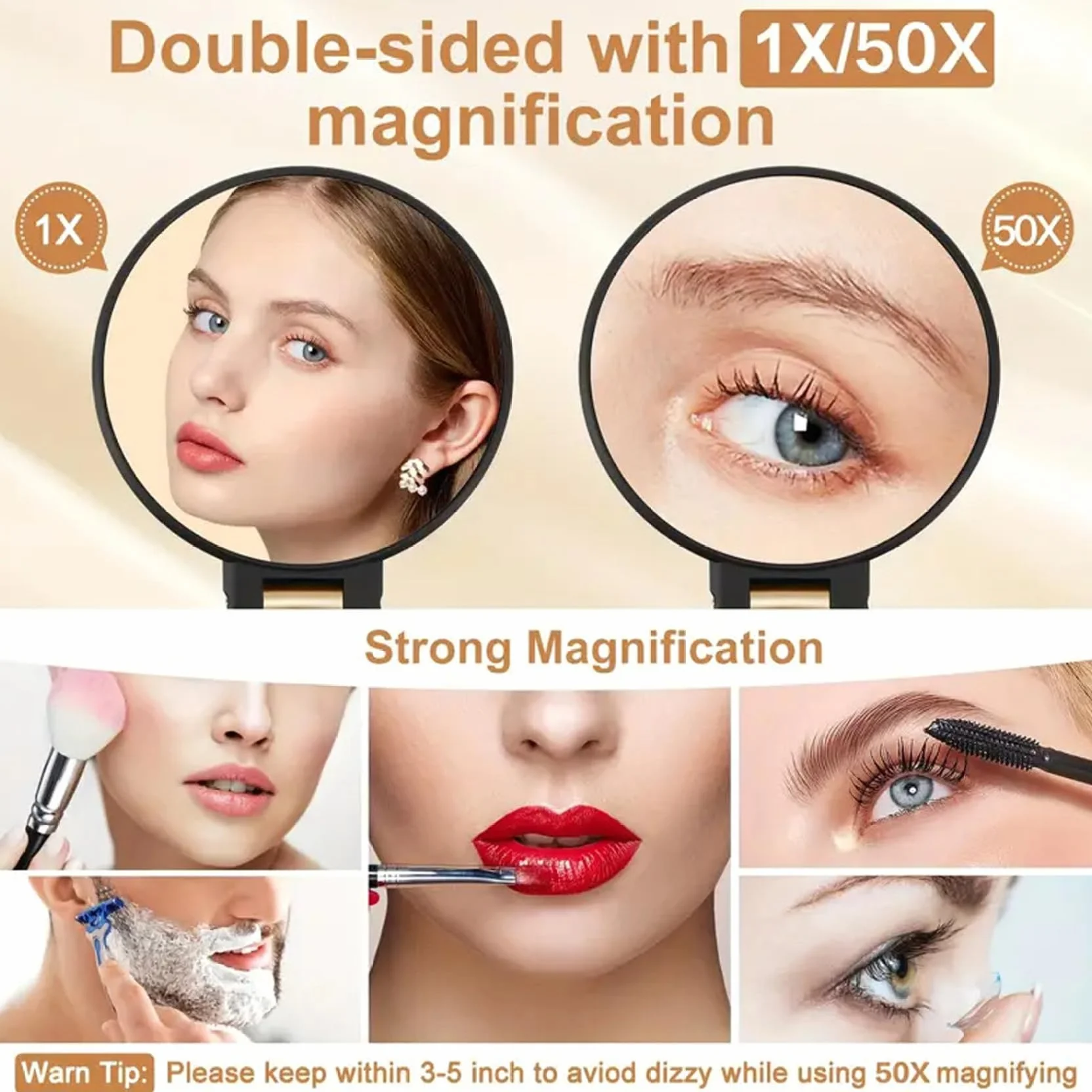 Espejo de aumento 50X doble cara con mango ajustable 360° montaje pared mano mesa