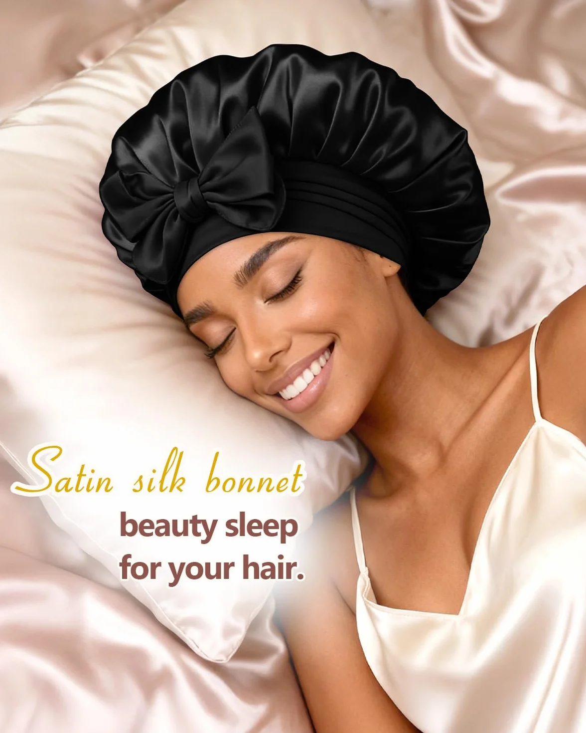 BONNET QUEEN Gorro de Seda para Dormir Ajustable Satin Pelo Rizado con Cintas Largo