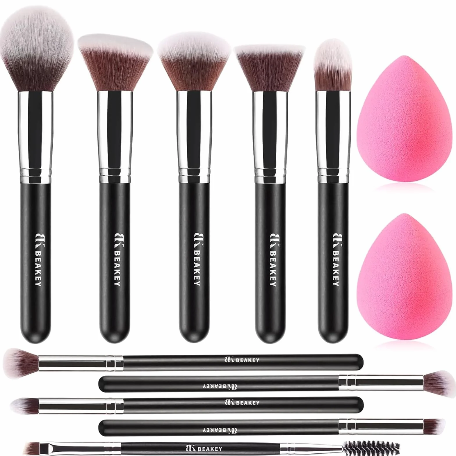 BEAKEY Set de Brochas de Maquillaje Profesional 10+2 Sintéticas Negro/Plateado