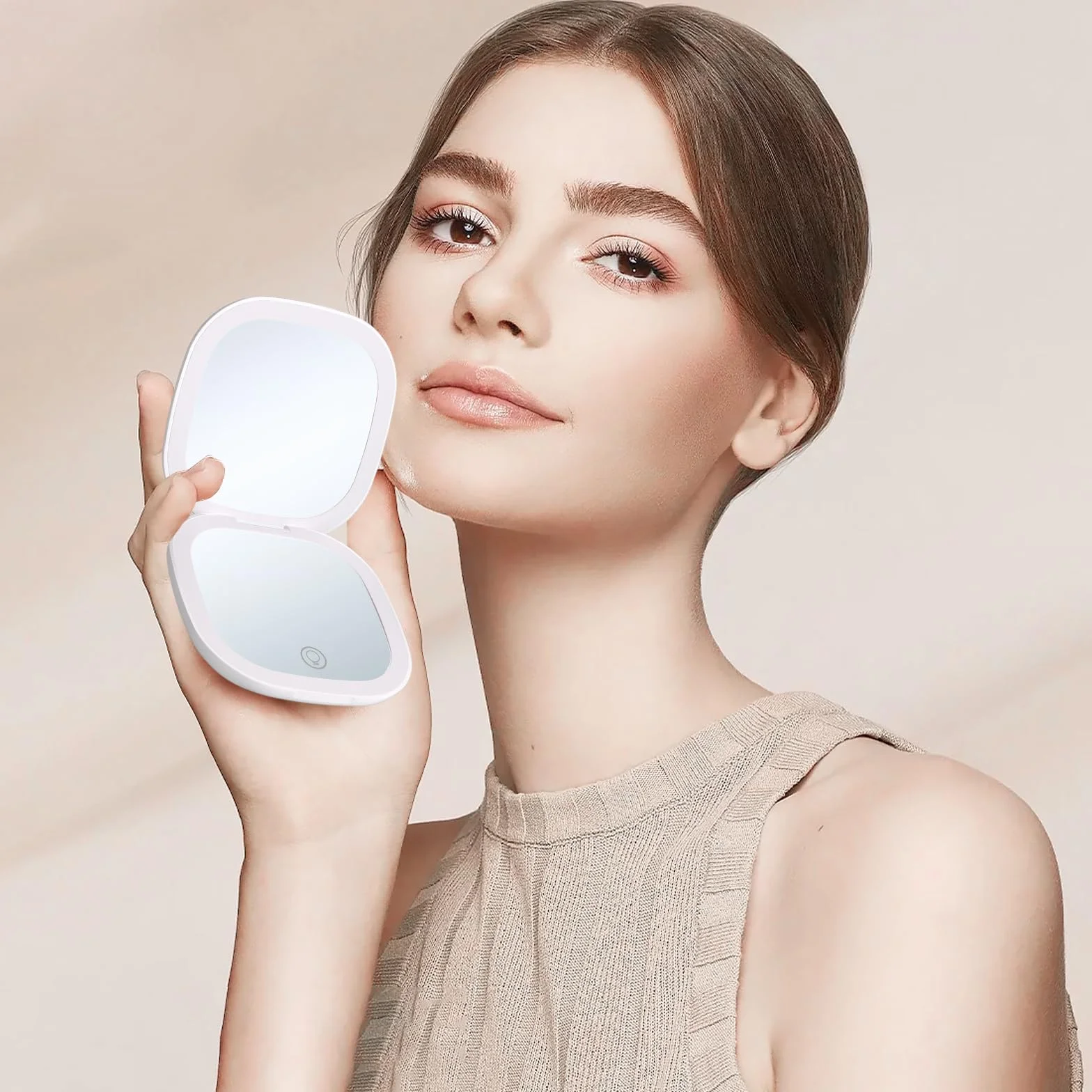 Colexy Espejo de Bolsillo con Aumento 1X/5X, Espejo de Maquillaje Compacto con Luz LED, Recargable y Plegable Doble Cara