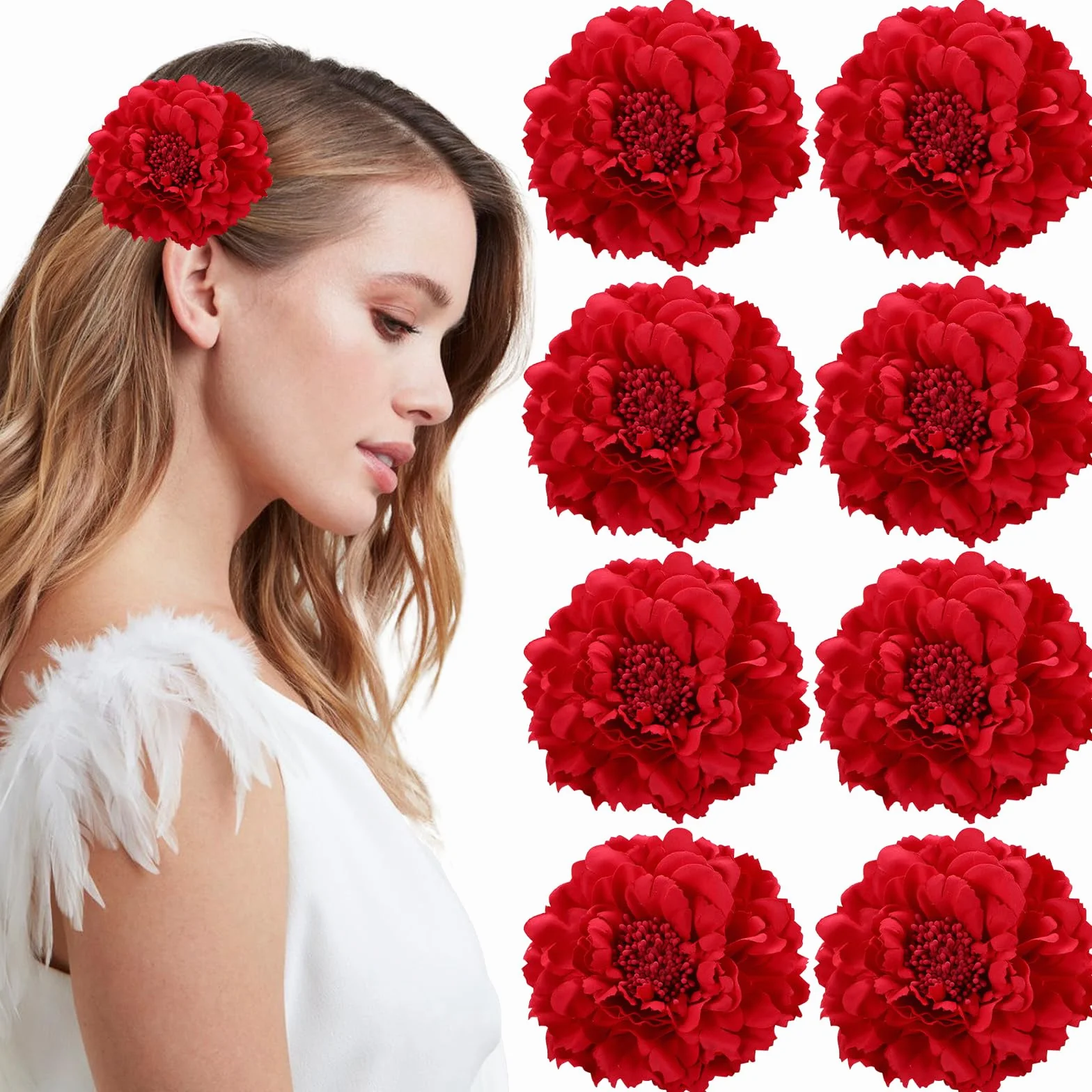 VEGCOO 8 Clips Pelo Flor, Horquillas Peonía Rojo para Mujer Feria Abril Sevillana