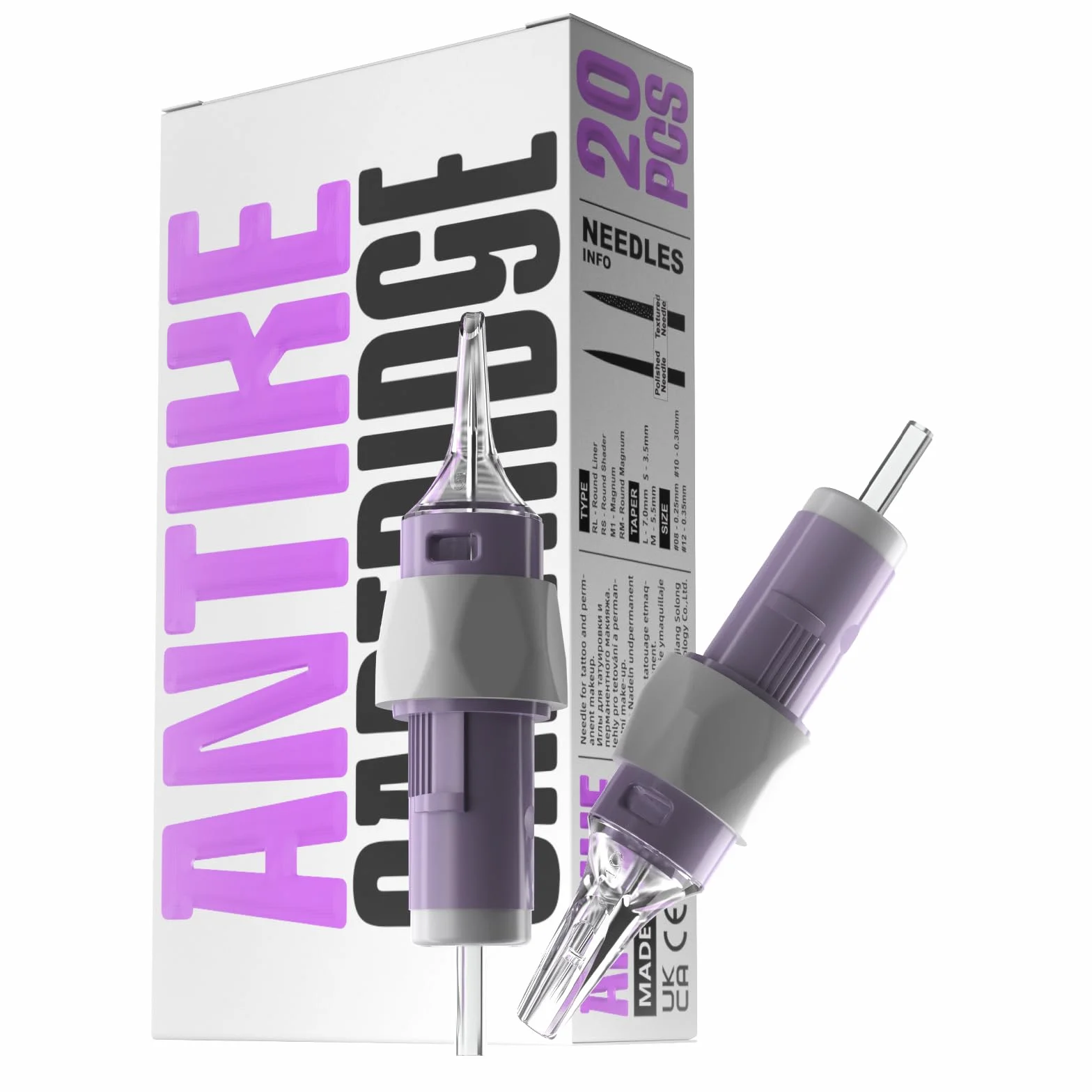 ANTIKE 20 Pcs Nubes Agujas de Tatuaje Cartucho con Mango de Silicona #12 (3RL) 0.35mm Estandar Round Liner X-Taper Tattoo Cartridge Needles EN11Q-FG-20-1203RL-X