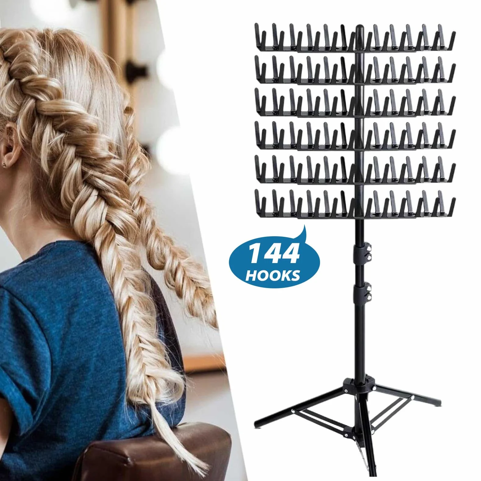 Soporte para extensiones de cabello de 144 pines, con 6 pinzas y 2 peines, soporte para extensiones de pelo para extensiones de pelo, altura ajustable y plegable, soporte para extensiones de