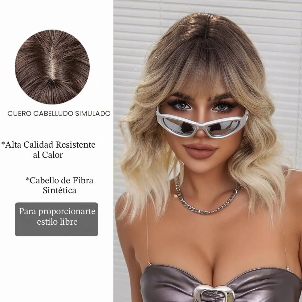 Pelucas Rubias Ombre para Mujer Peluca Corta Ondulada con Flequillo de Pelo Sintético Resistente al Calor