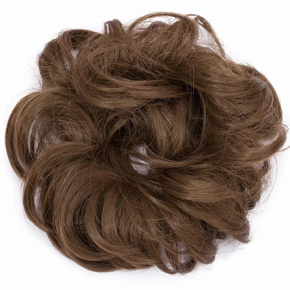 Moño Postizo de Pelo Natural Marrón Claro Rizado Desordenado 30 g para Mujeres