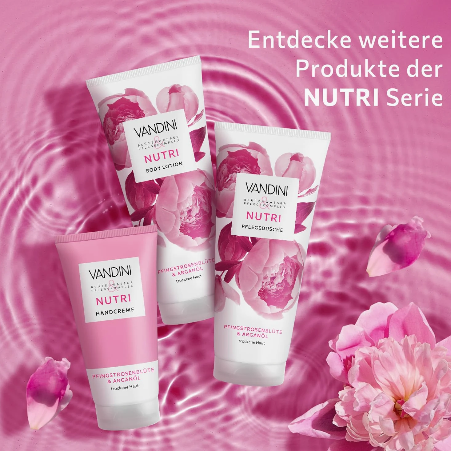VANDINI NUTRI Crema de manos para mujer, 6 unidades, 75 ml, con flor de peonía y aceite de argán, crema de manos para piel seca, vegana, sin parabenos ni siliconas, dermatológicamente probada