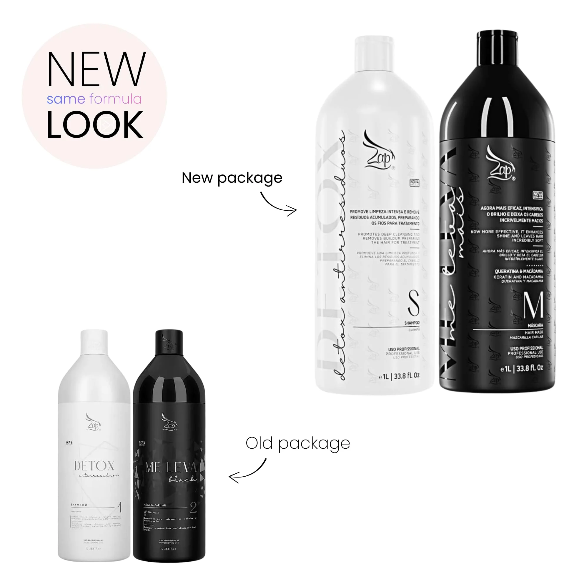 Zap Cosmetics | Kit Me Leva Black & Detox | Tratamiento brasileño de queratina | (2 piezas) 1000 ml