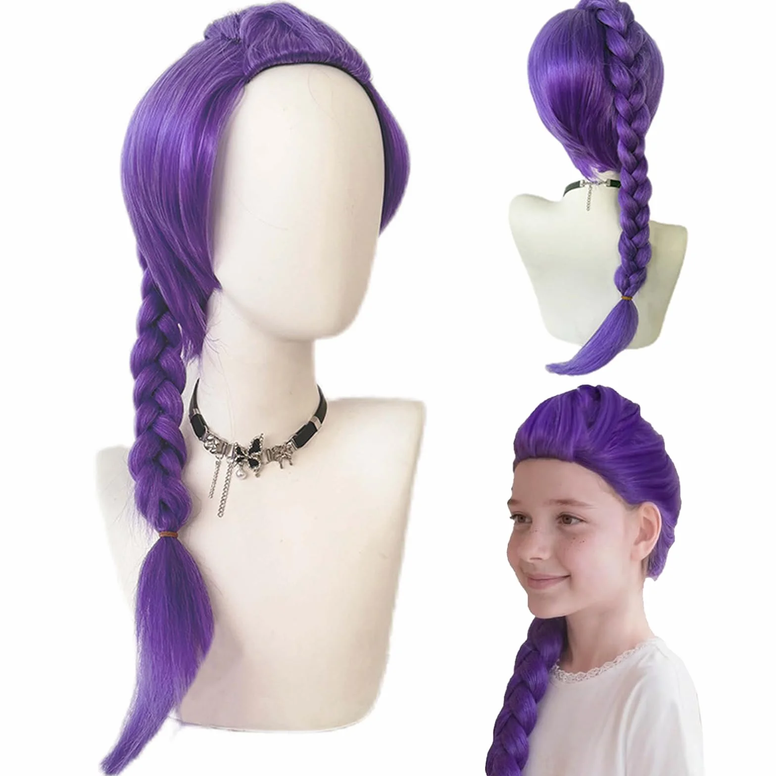 Peluca de Anime para Cosplay Niños Mujeres Trenzas Moradas Accesorio Realista Halloween