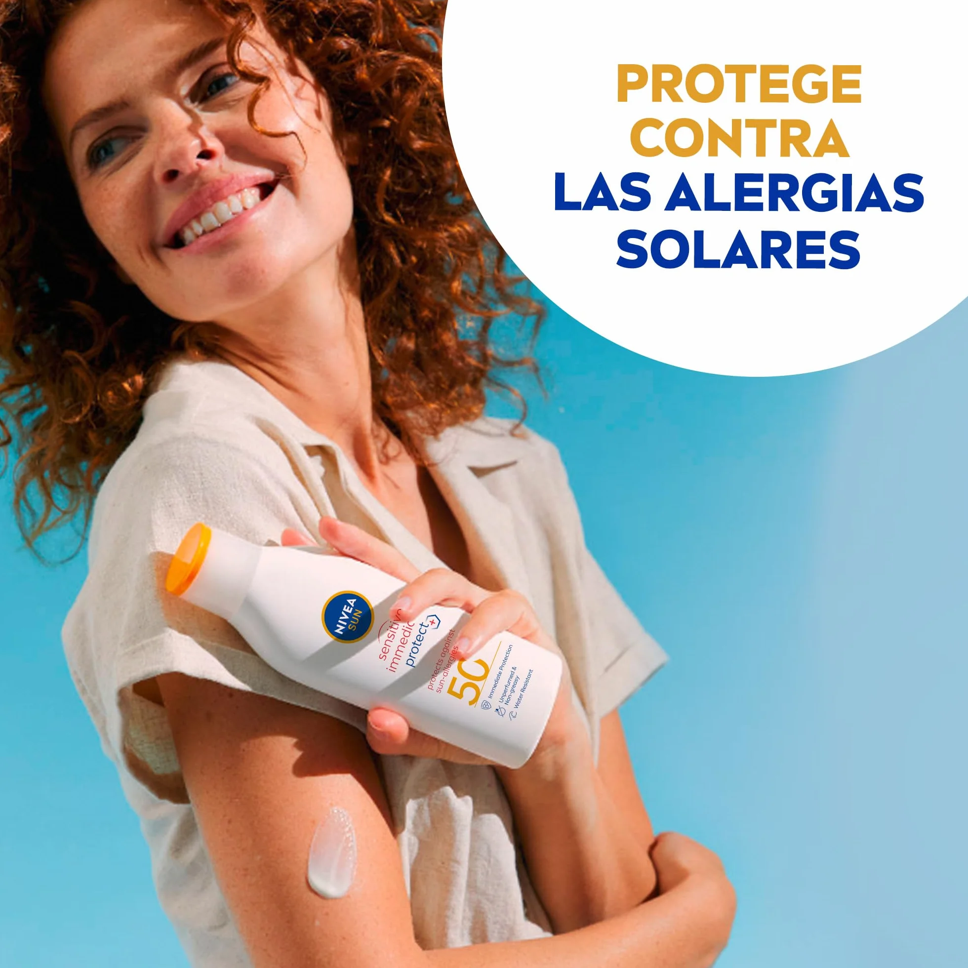 NIVEA SUN Sensitive Protección Inmediata Antialergias Solares Leche Solar FP 50+ 200 ml, protector solar no graso para piel sensible, resistente al agua