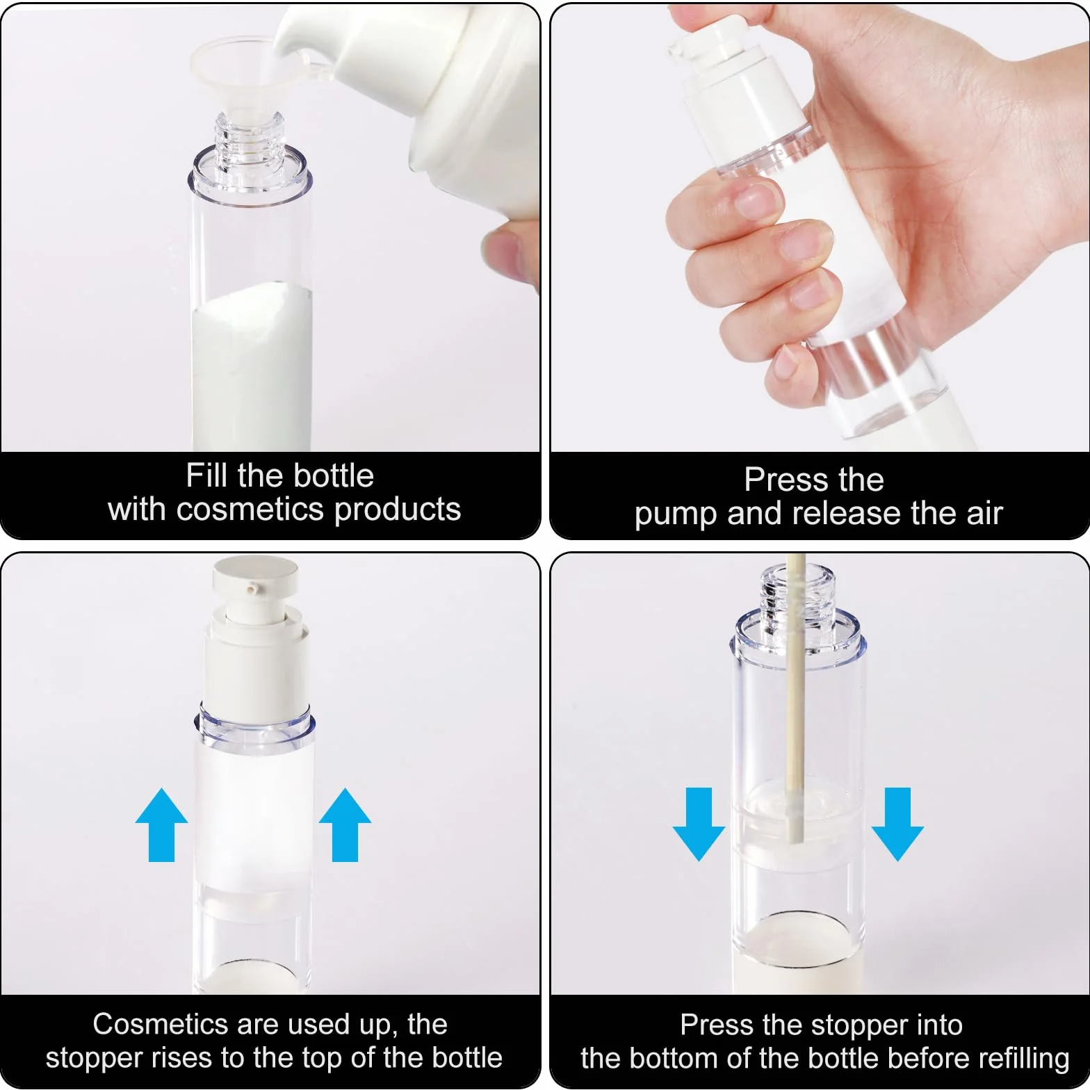 Botellas de Loción al Vacío 50ml, 6 Piezas, Bote Airless con Bomba, Reutilizable, con Espátula, Embudo, Pegatinas