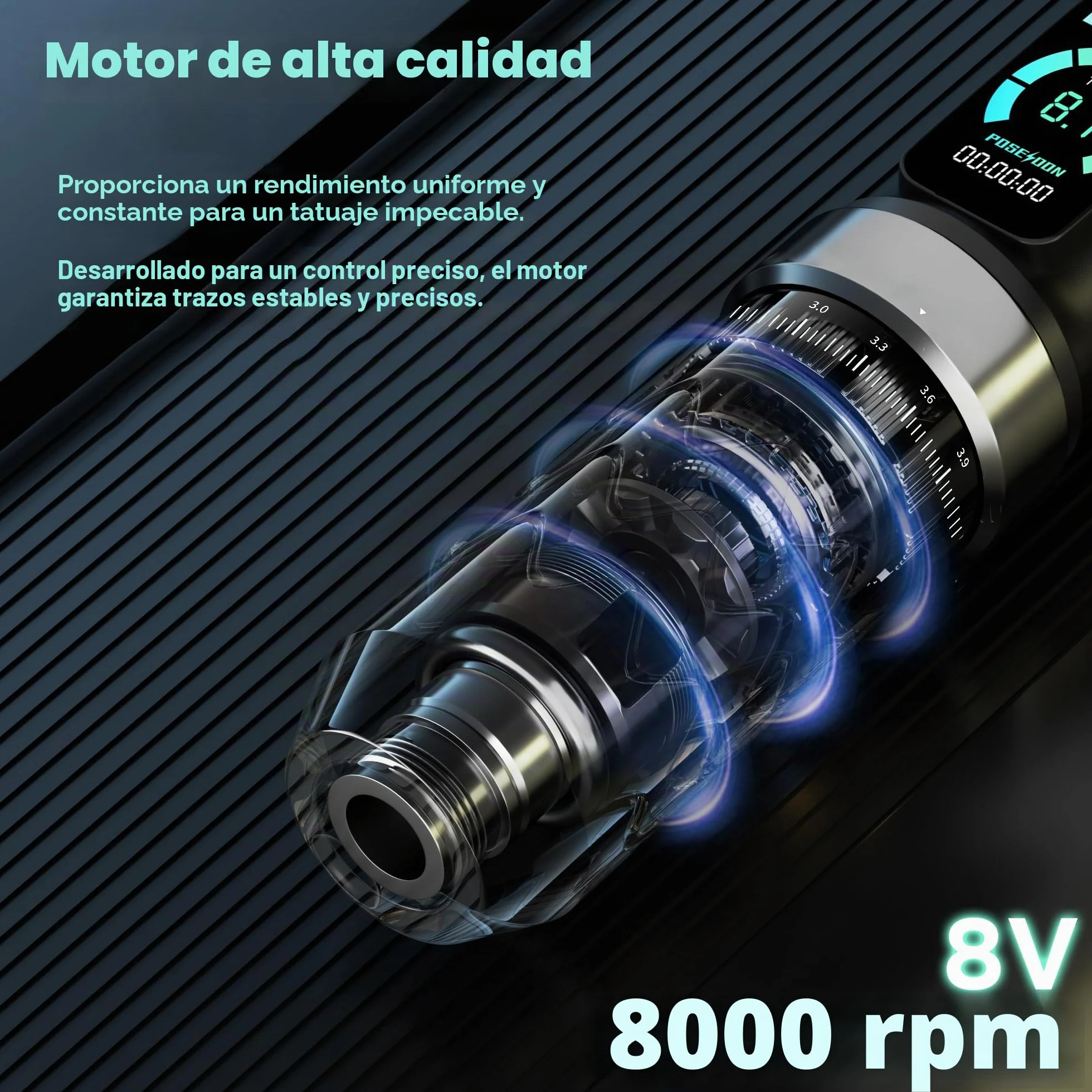 Kit de máquina de tatuaje inalámbrica POSEIDON con 7 ajustes de hub, dos baterías de 2300 mAh, modo normal/punteado y pantalla LED - Dispositivo de tatuaje inalámbrico profesional para principiantes
