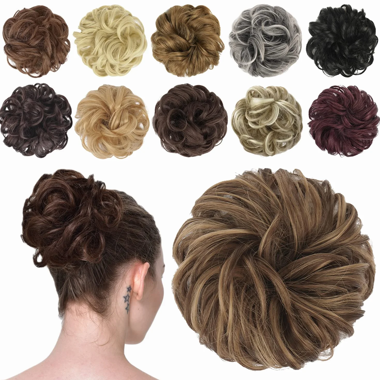 FESHFEN Moños Postizos Pelo Natural Rizado Ondulado Castaño Ceniza Claro Mezcla Castaño Dorado 42 g