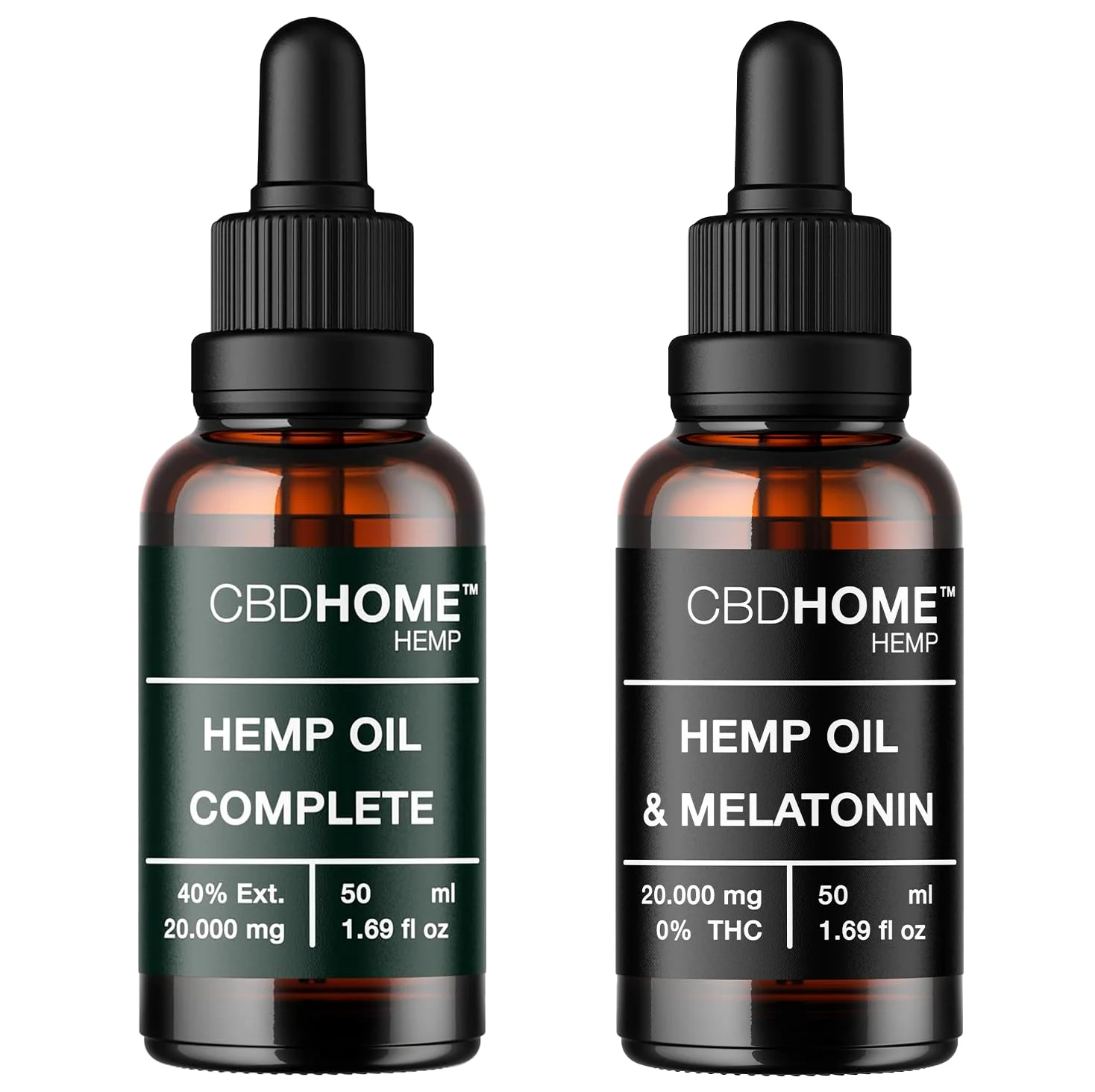Pack Ahorro Día y Noche al 40% - Aceite de Cáñamo Max 40% (50 ml) + Aceite de Cáñamo con Melatonina 40% (50 ml) - Prensado en Frío - Sin Aditivos - 100% Vegetal - Certificado Ecológico UE