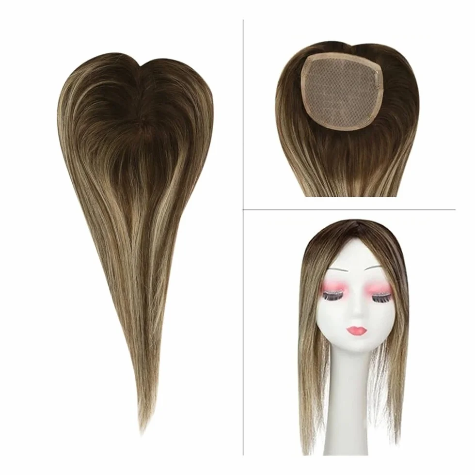 Natural Looking Hairpiece for Women, Postizos de cabello humano liso de 13 × 13 cm con cobertura de área grande, base monocromática, recubierto de PU, postizos de cabello Remy con clip, color marrón o
