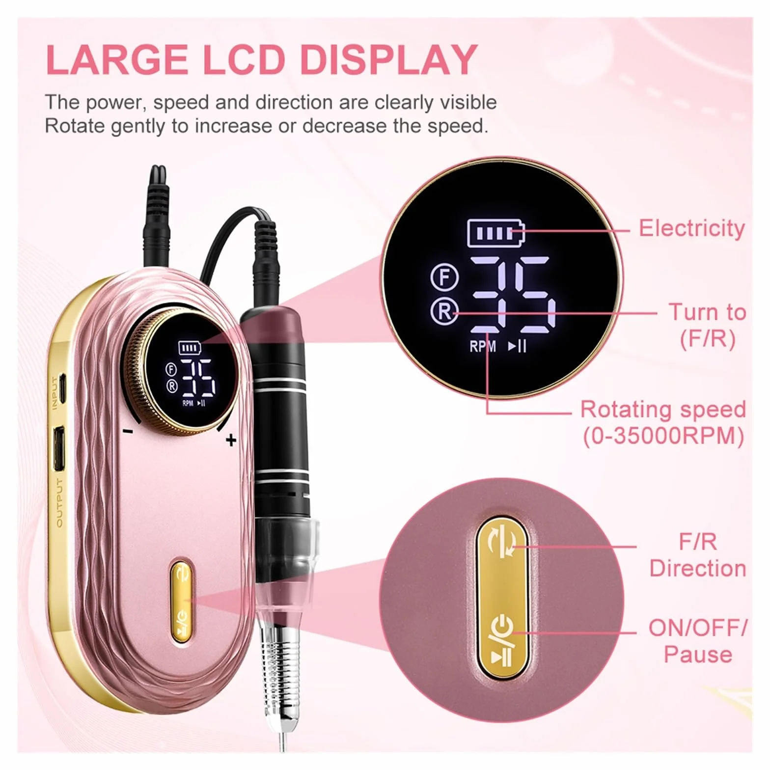 Torno para Uñas, Taladro de uñas de 35000RPM, pantalla LCD, portátil, recargable for herramientas de manicura y pedicura, equipo profesional for uñas(Nero)