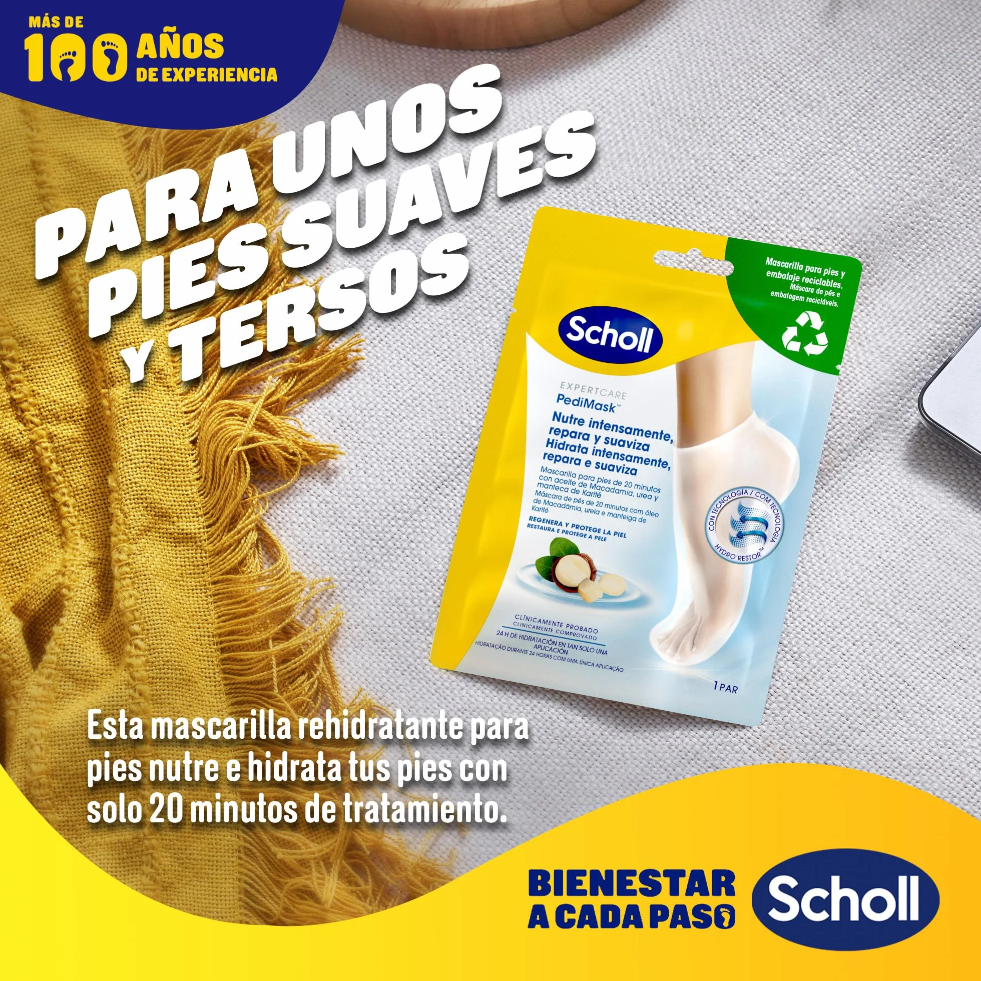 Scholl Mascarilla Nutritiva Para Pies, Hidratación Intensa 20 Minutos – 1 Par